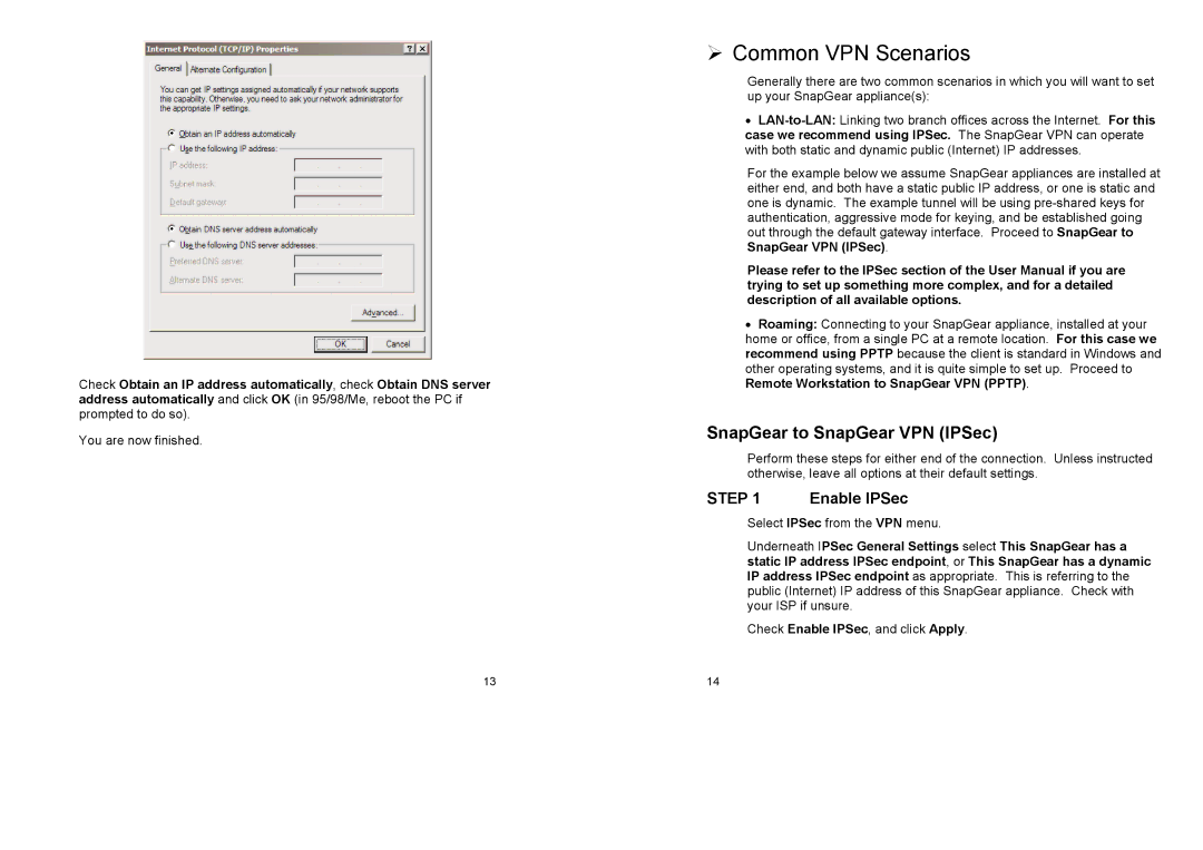 SnapGear warranty ¾ Common VPN Scenarios, SnapGear to SnapGear VPN IPSec 