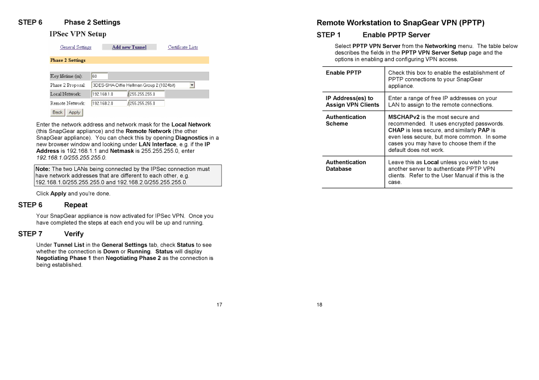 SnapGear warranty Remote Workstation to SnapGear VPN Pptp, Phase 2 Settings, Verify, Enable Pptp Server, Repeat 