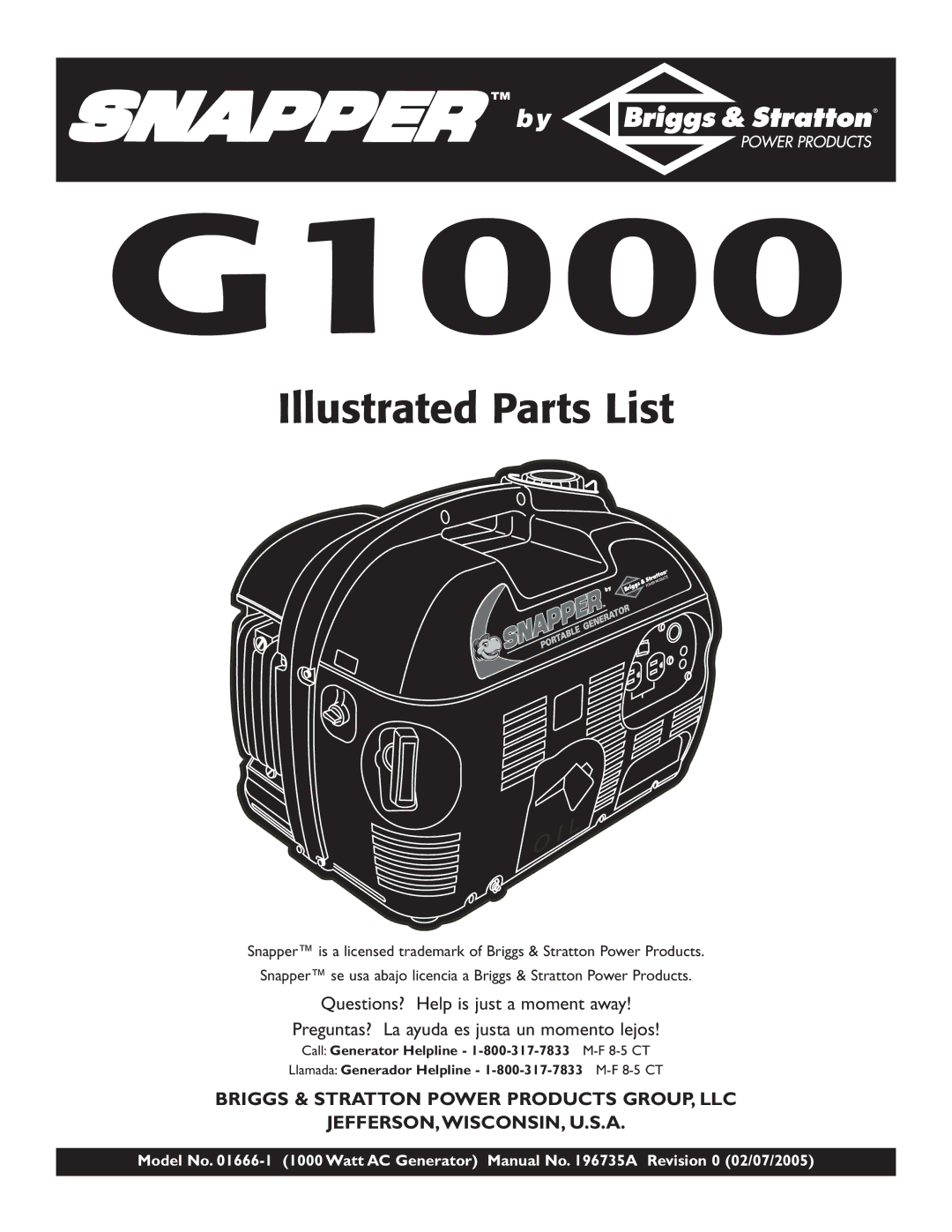 Snapper 01666-1 manual G1000, Illustrated Parts List 