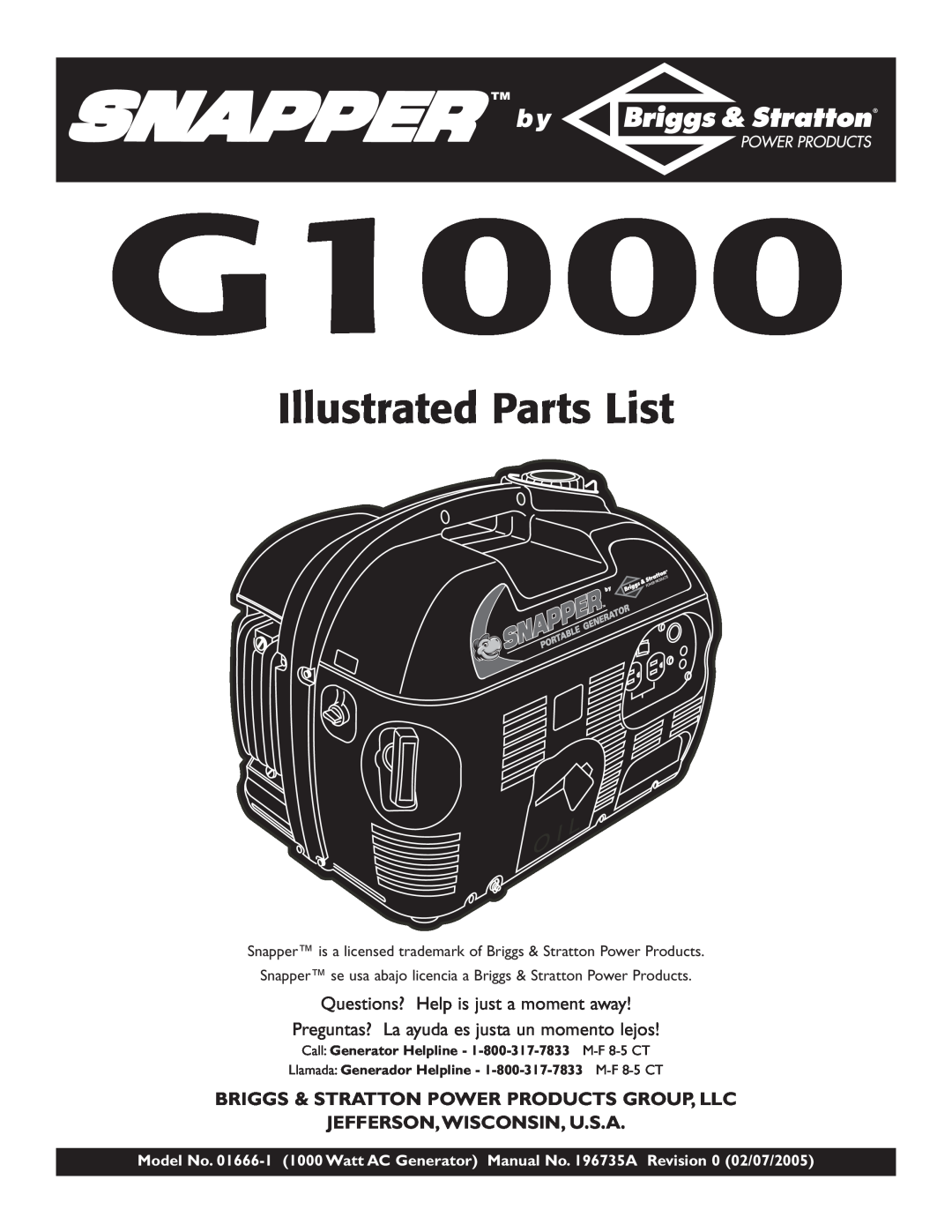 Snapper 01666-1 manual G1000, Illustrated Parts List, Questions? Help is just a moment away, Jefferson,Wisconsin, U.S.A 