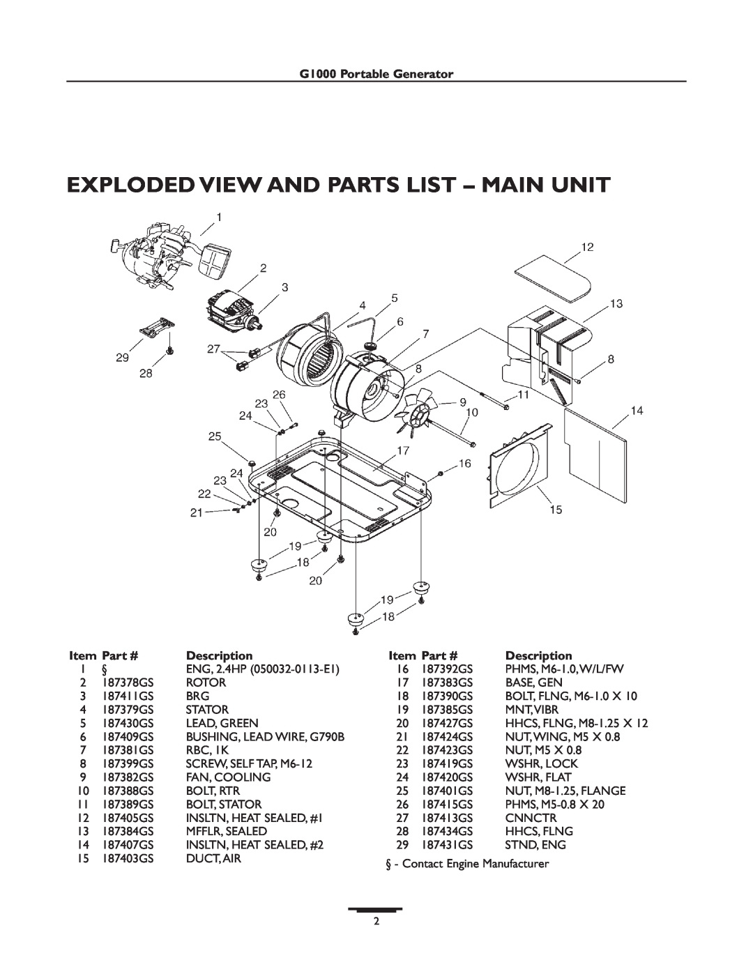 Snapper 01666-1 manual Exploded View And Parts List - Main Unit, G1000 Portable Generator, Description 
