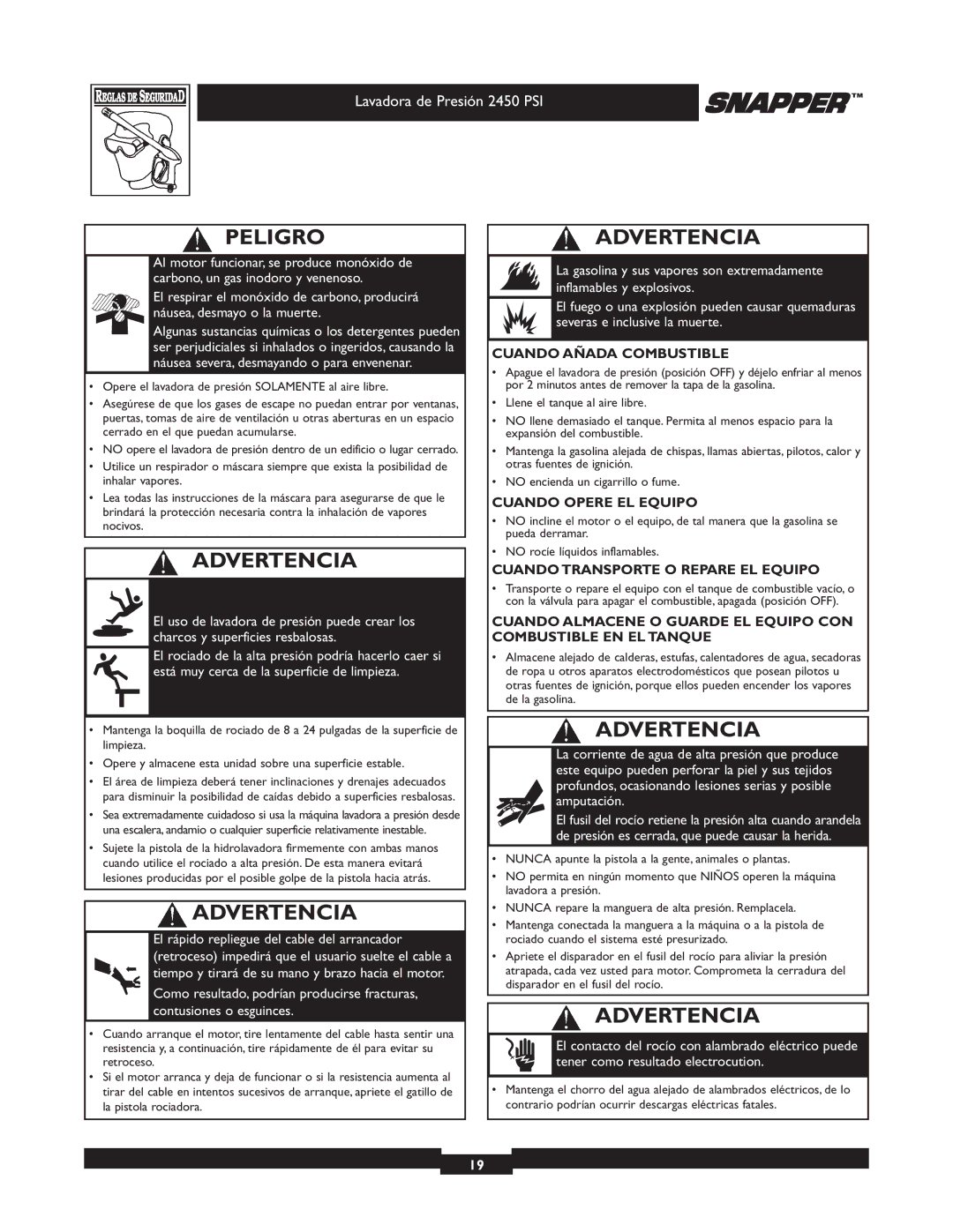 Snapper 020229 owner manual Peligro, Cuando Añada Combustible 