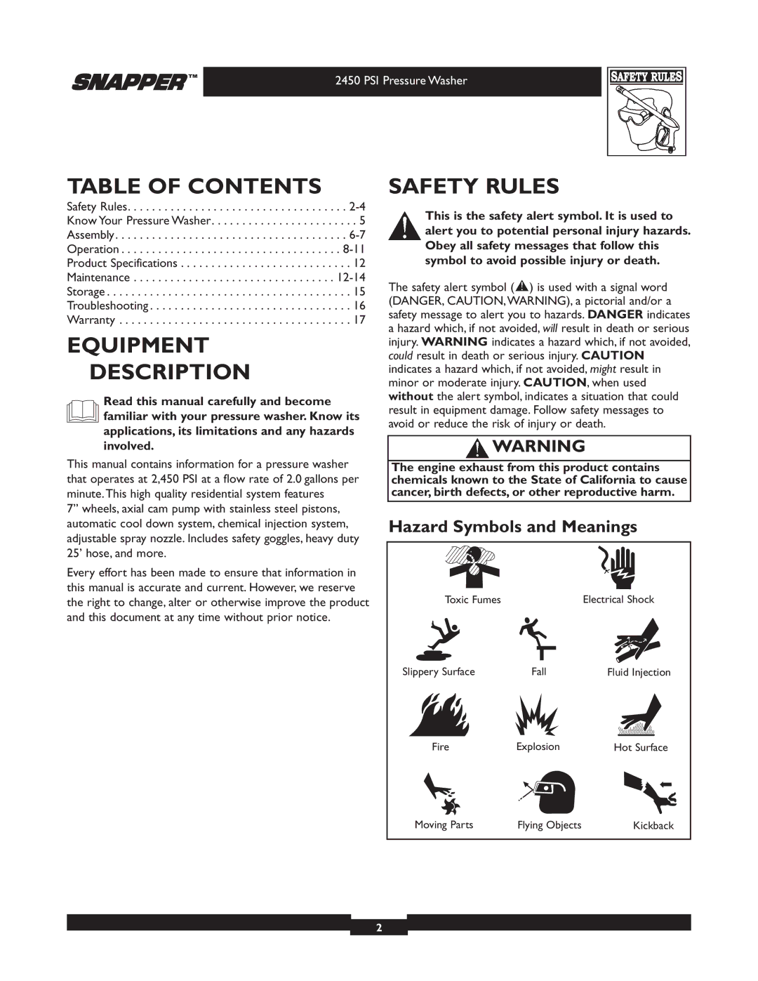 Snapper 020229 owner manual Table of Contents, Equipment Description, Safety Rules 