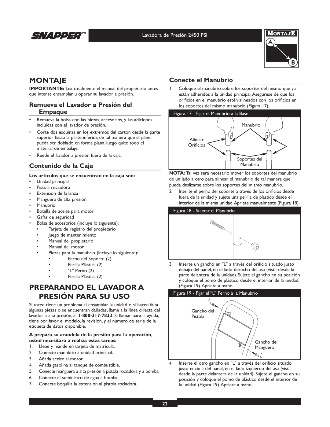 Snapper 020229 owner manual Montaje, Preparando EL Lavador a Presión Para SU USO, Remueva el Lavador a Presión del Empaque 