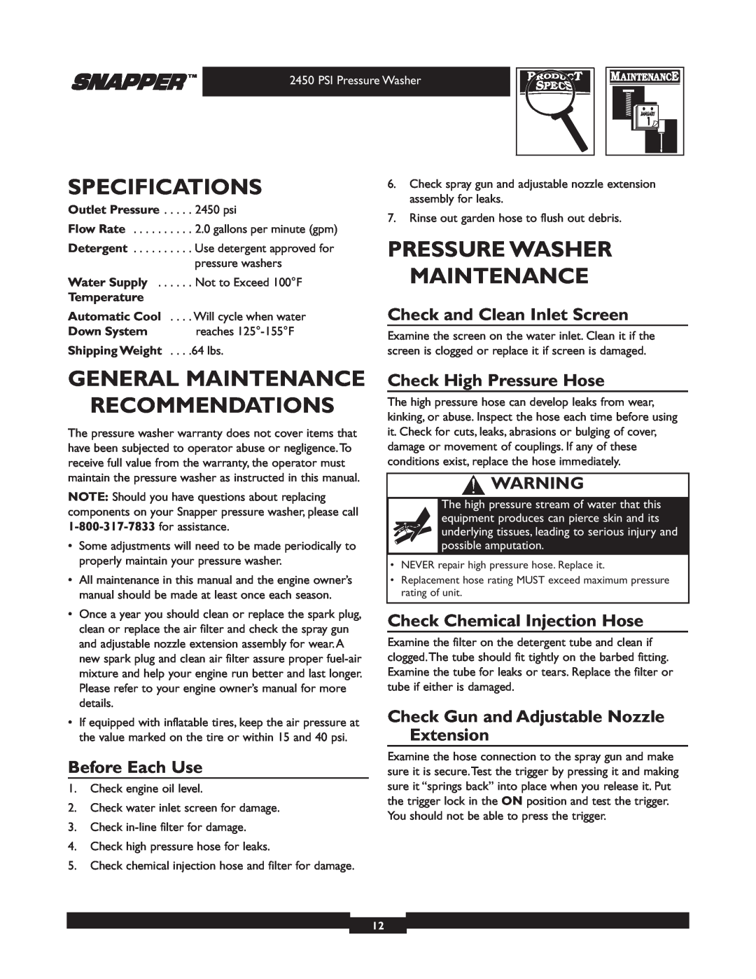 Snapper 020229 Specifications, Pressure Washer Maintenance, General Maintenance Recommendations, Before Each Use 