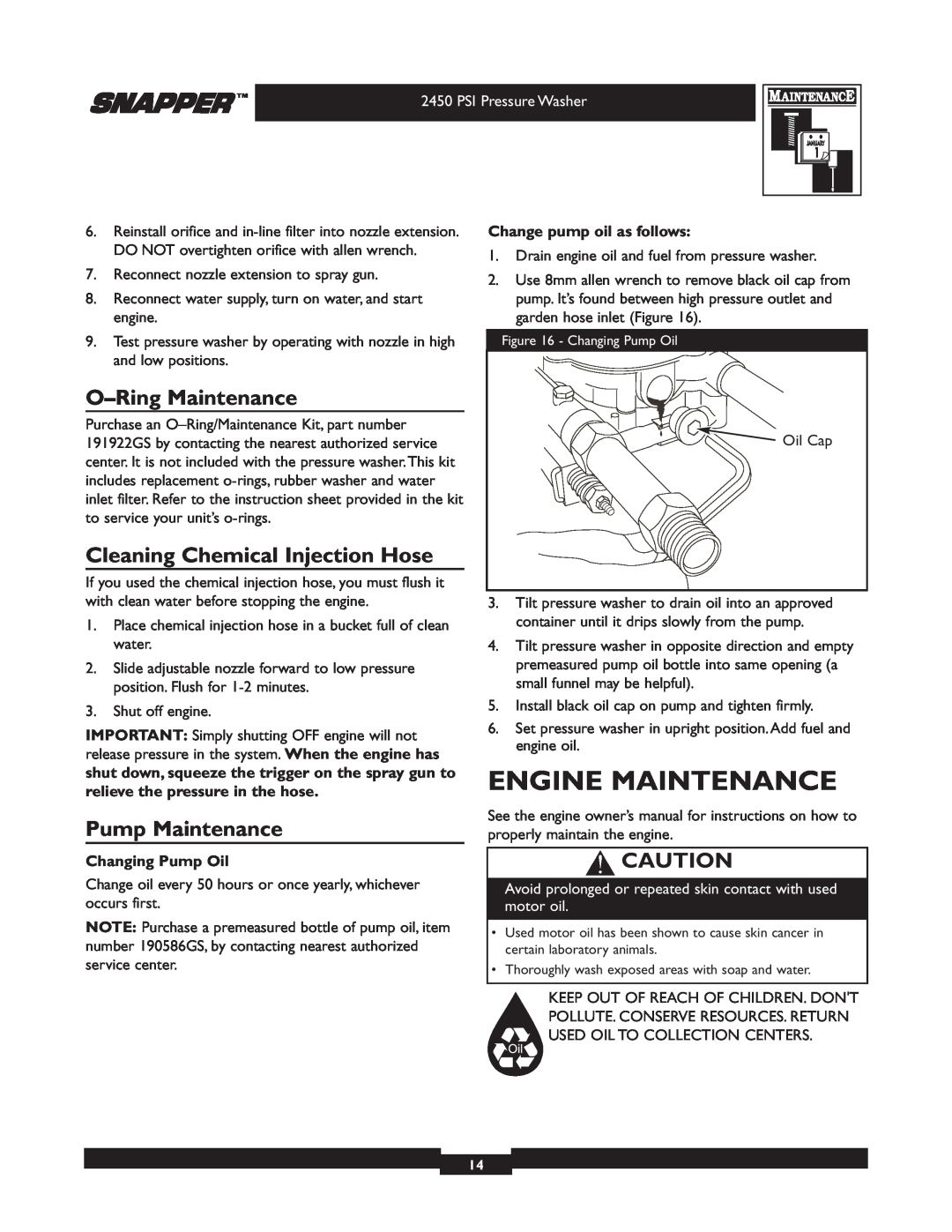 Snapper 020229 owner manual Engine Maintenance, O-Ring Maintenance, Cleaning Chemical Injection Hose, Pump Maintenance 