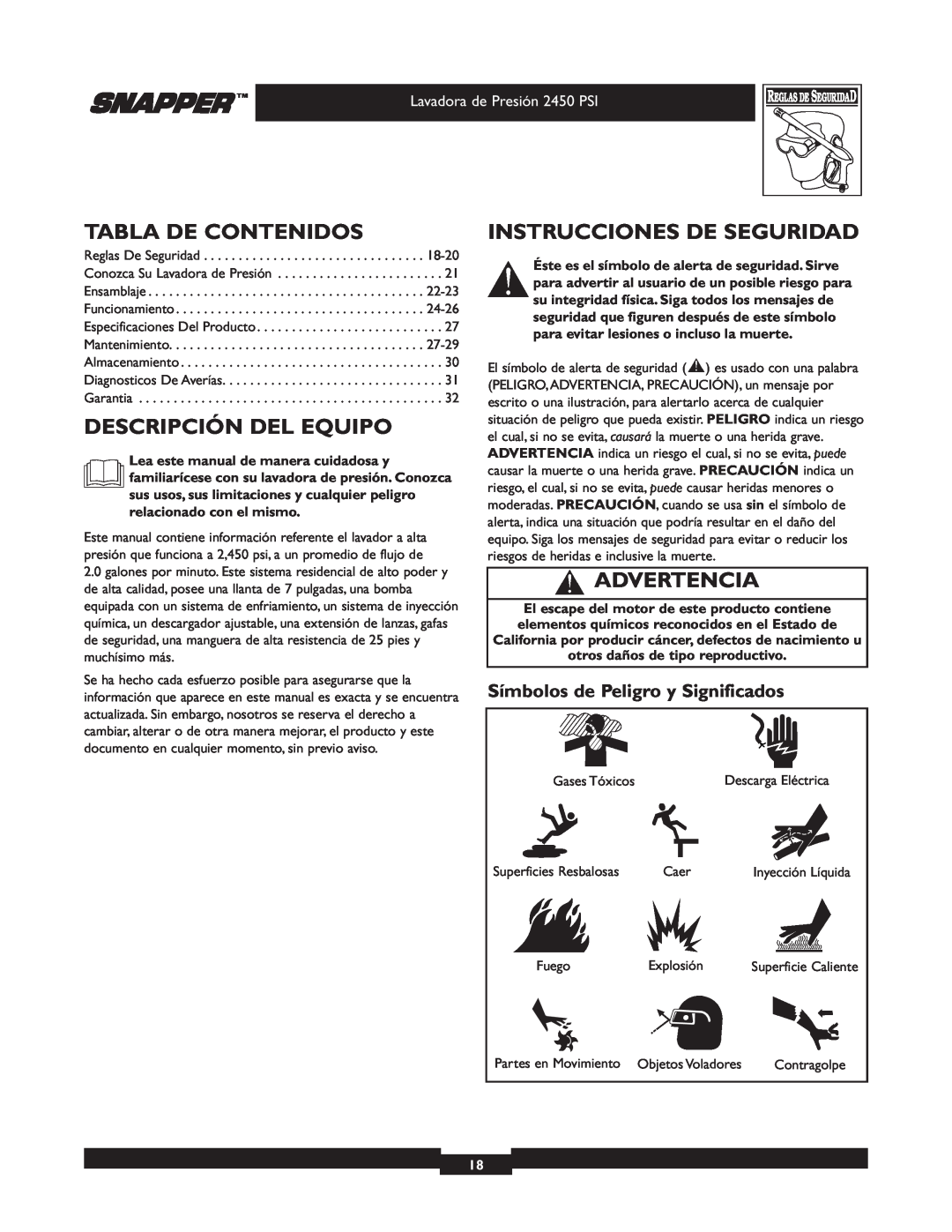 Snapper 020229 owner manual Tabla De Contenidos, Descripción Del Equipo, Instrucciones De Seguridad, Advertencia 