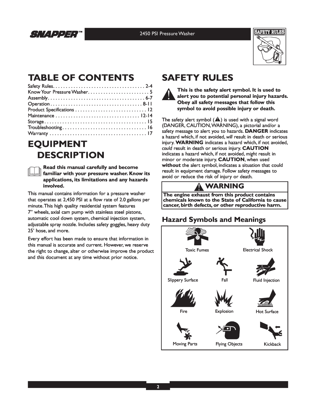 Snapper 020229 Table Of Contents, Equipment Description, Safety Rules, Hazard Symbols and Meanings, PSI Pressure Washer 