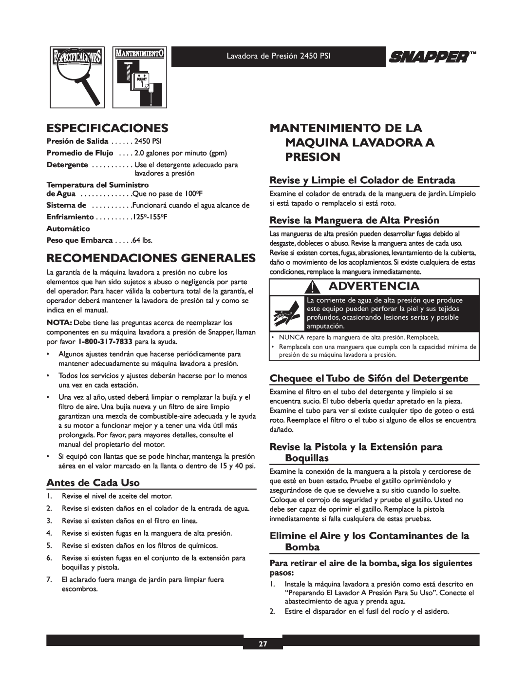 Snapper 020229 Especificaciones, Recomendaciones Generales, Mantenimiento De La Maquina Lavadora A Presion, Advertencia 