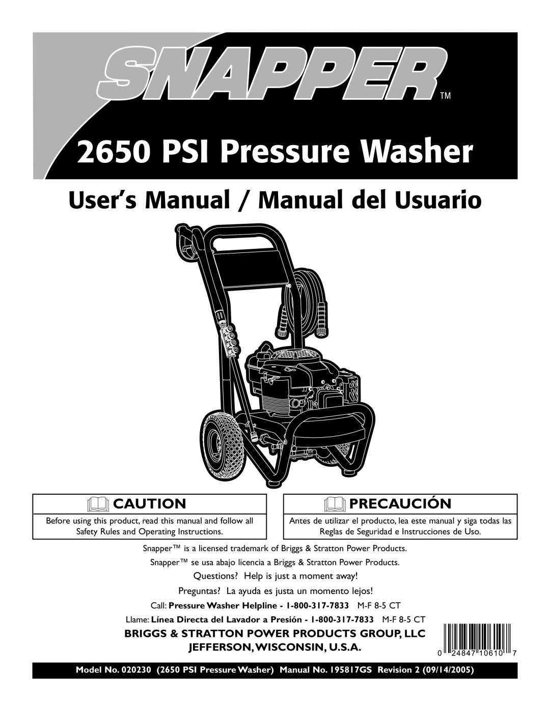 Snapper 020230 user manual PSI Pressure Washer 