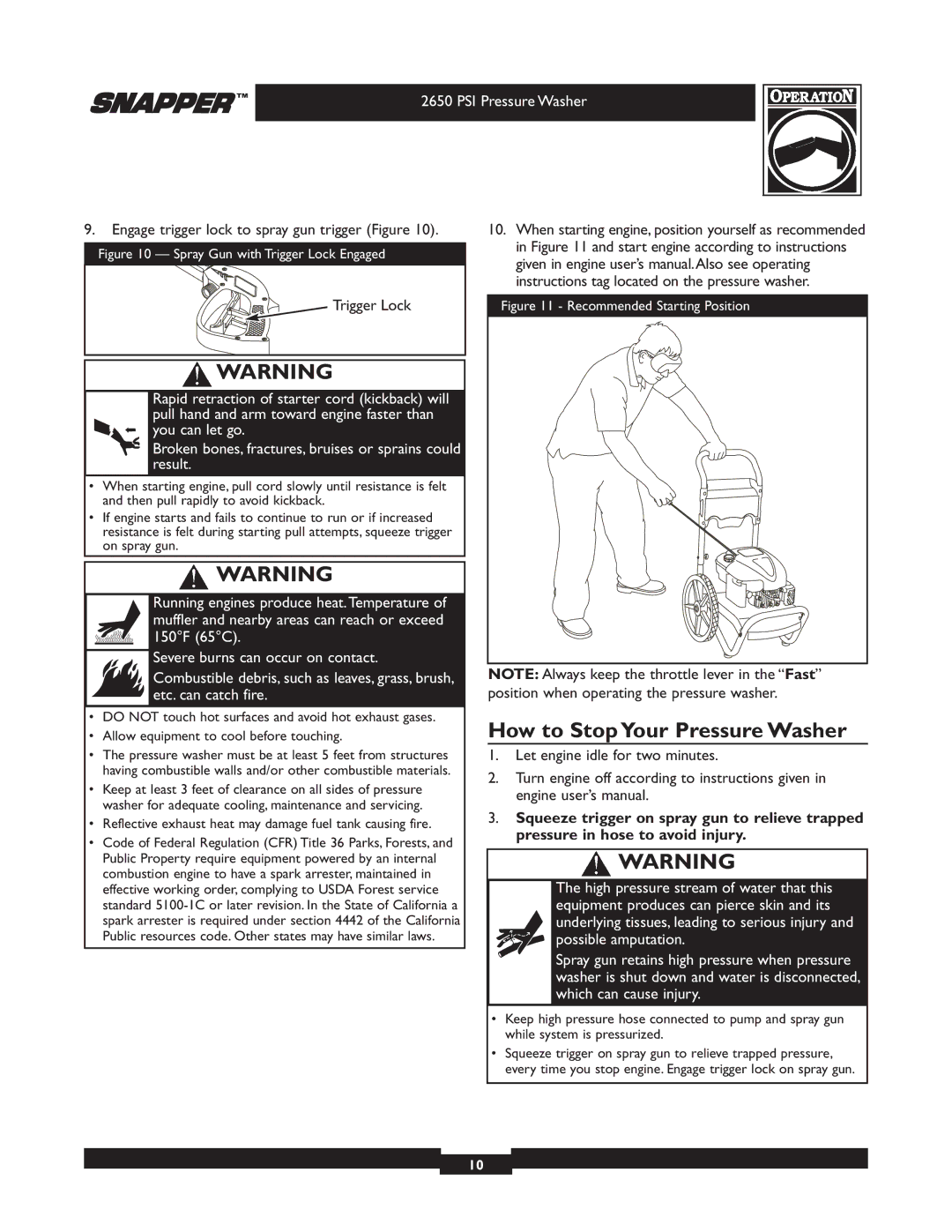 Snapper 020230 user manual How to Stop Your Pressure Washer, Trigger Lock 