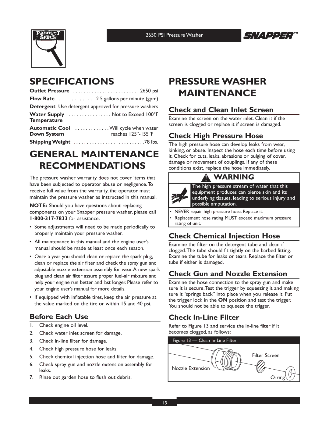 Snapper 020230 user manual Specifications, General Maintenance Recommendations, Pressure Washer Maintenance 