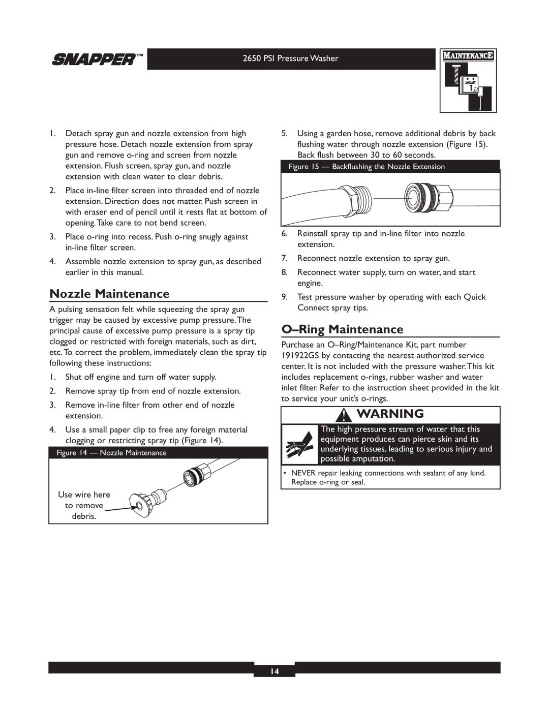 Snapper 020230 user manual Nozzle Maintenance, Ring Maintenance 