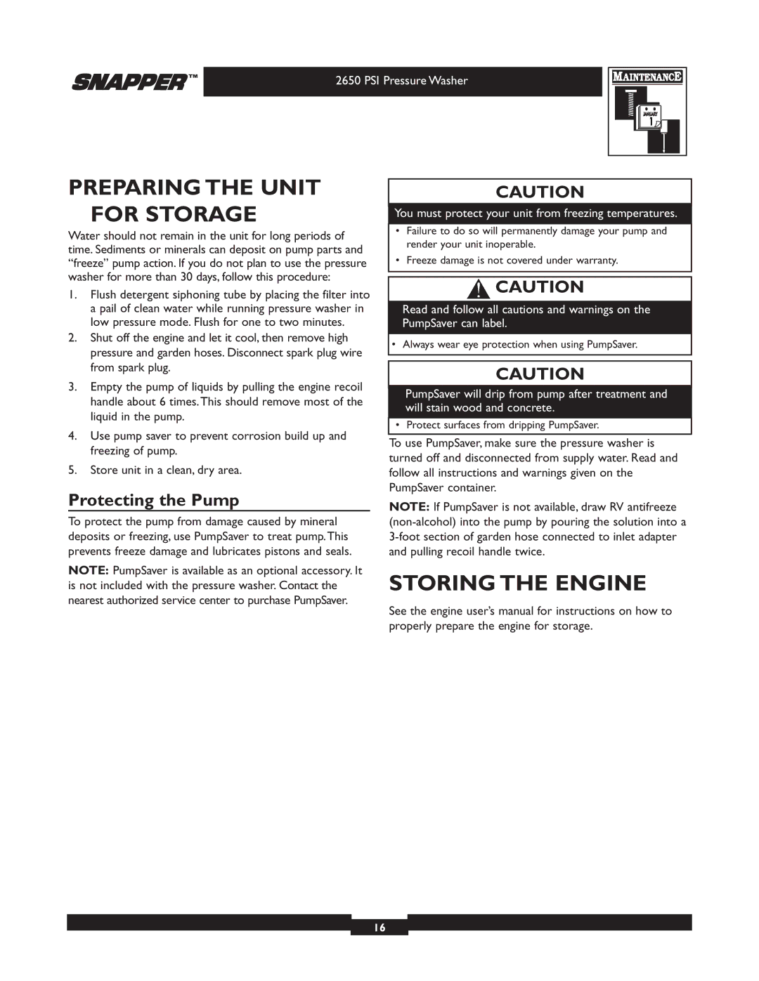 Snapper 020230 user manual Preparing the Unit for Storage, Storing the Engine, Protecting the Pump 