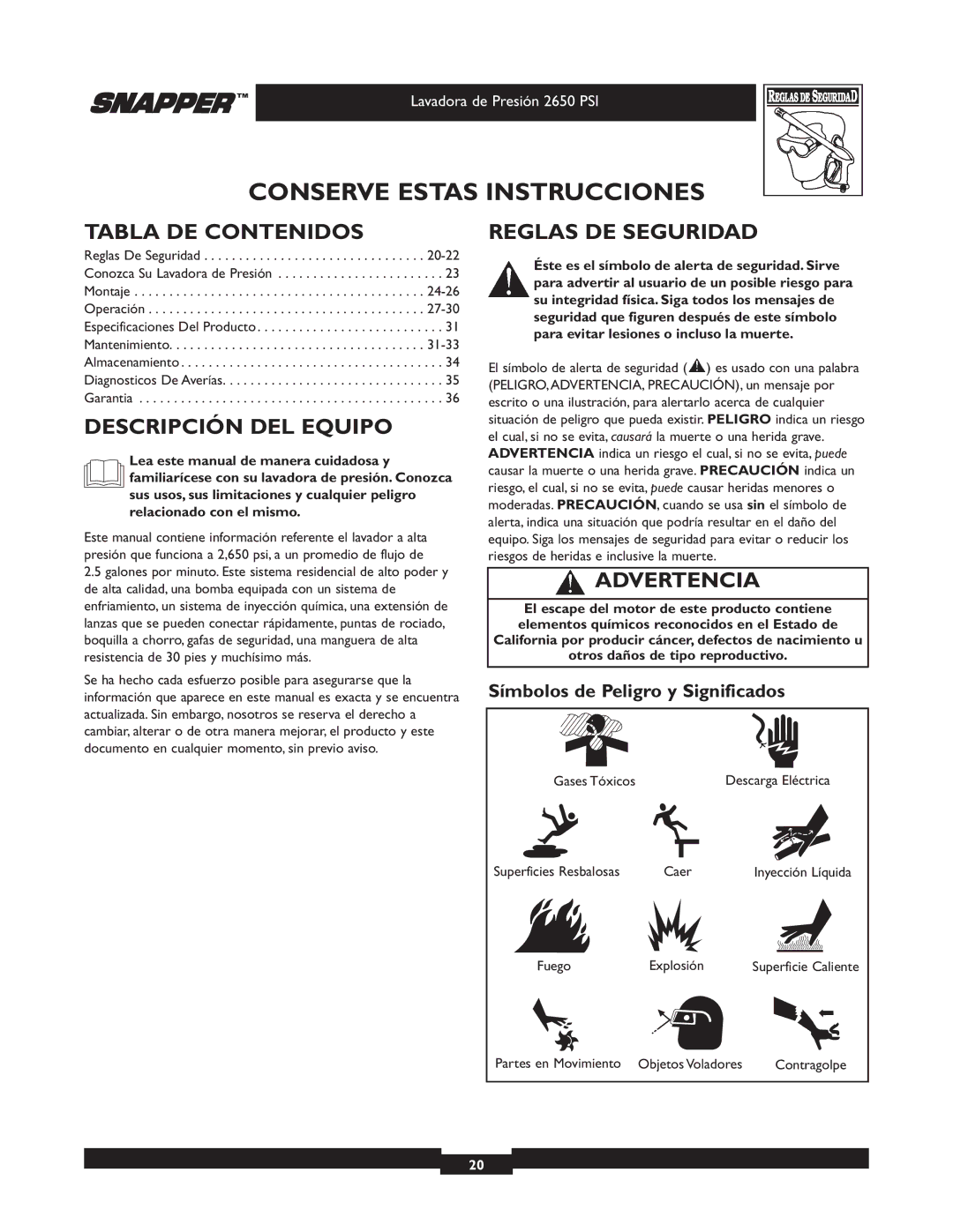 Snapper 020230 user manual Tabla DE Contenidos, Descripción DEL Equipo, Reglas DE Seguridad, Advertencia 