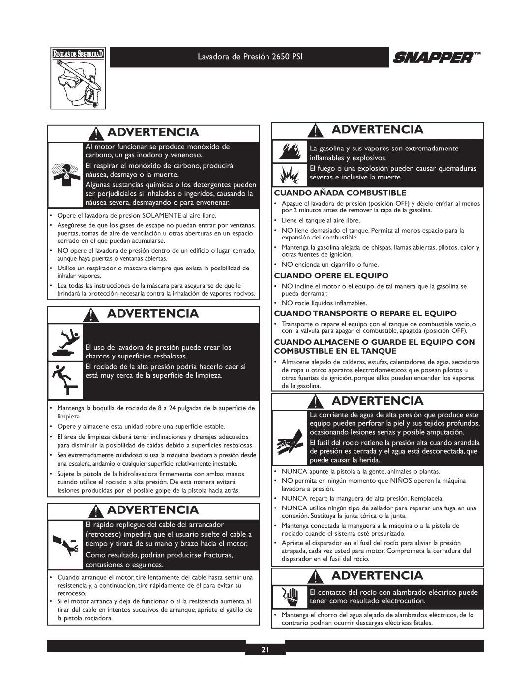 Snapper 020230 user manual Cuando Añada Combustible 