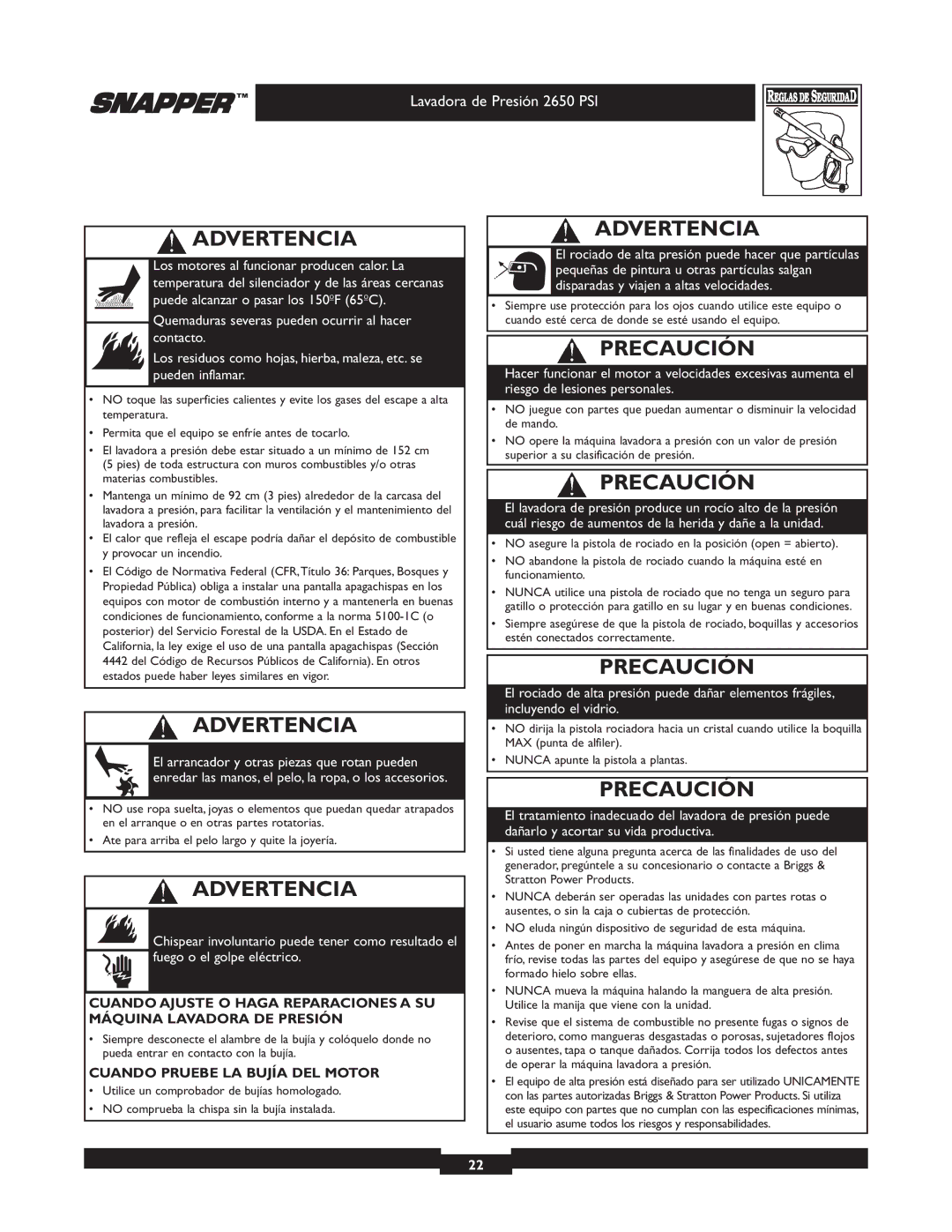 Snapper 020230 user manual Precaución 