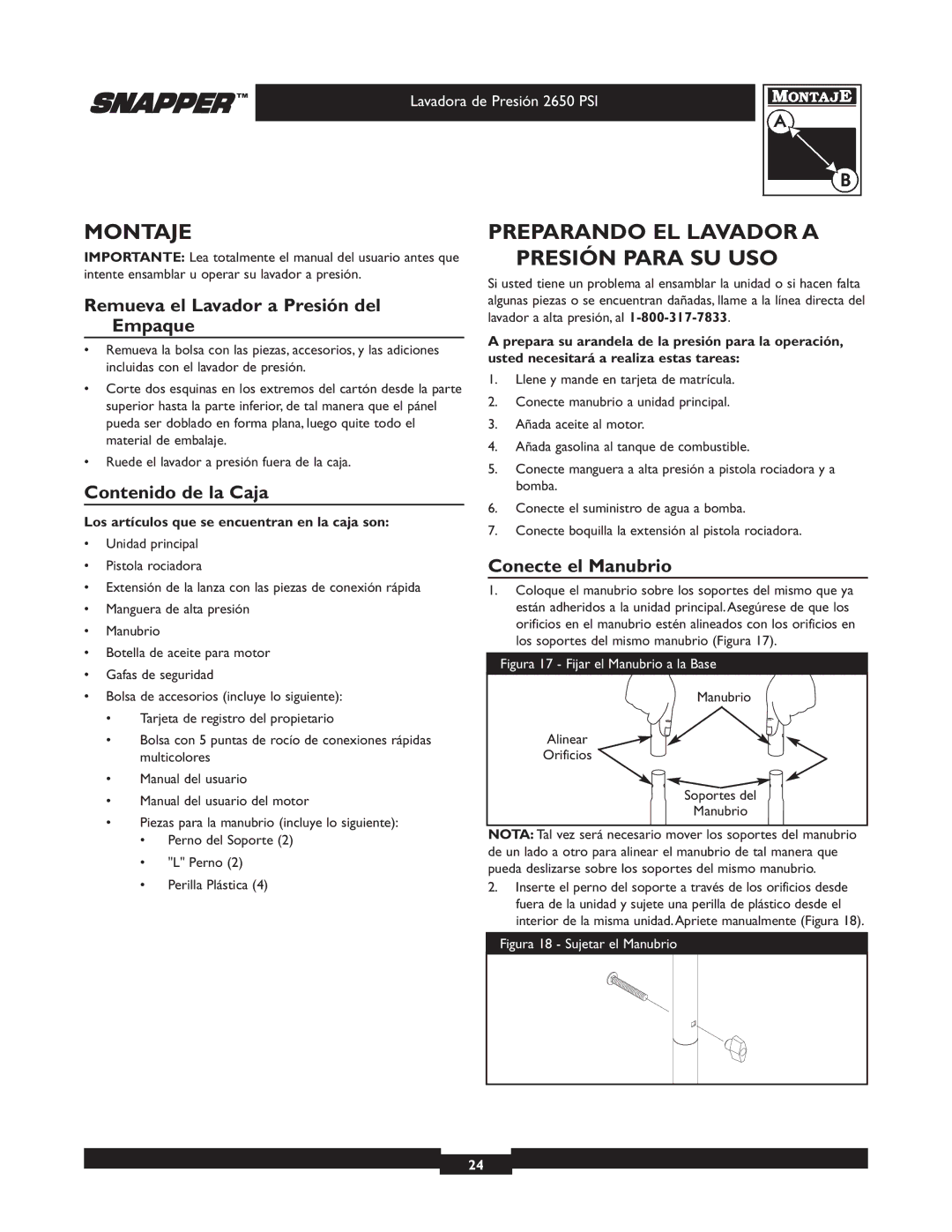Snapper 020230 user manual Montaje, Preparando EL Lavador a Presión Para SU USO, Remueva el Lavador a Presión del Empaque 