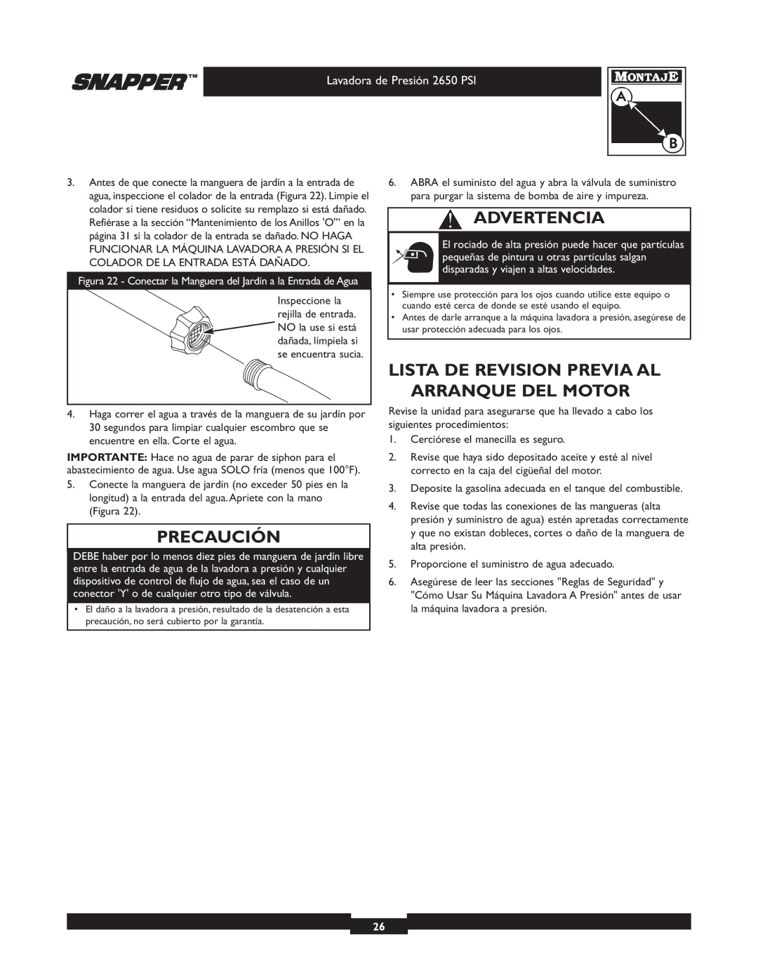 Snapper 020230 user manual Advertencia, Lista DE Revision Previa AL Arranque DEL Motor 