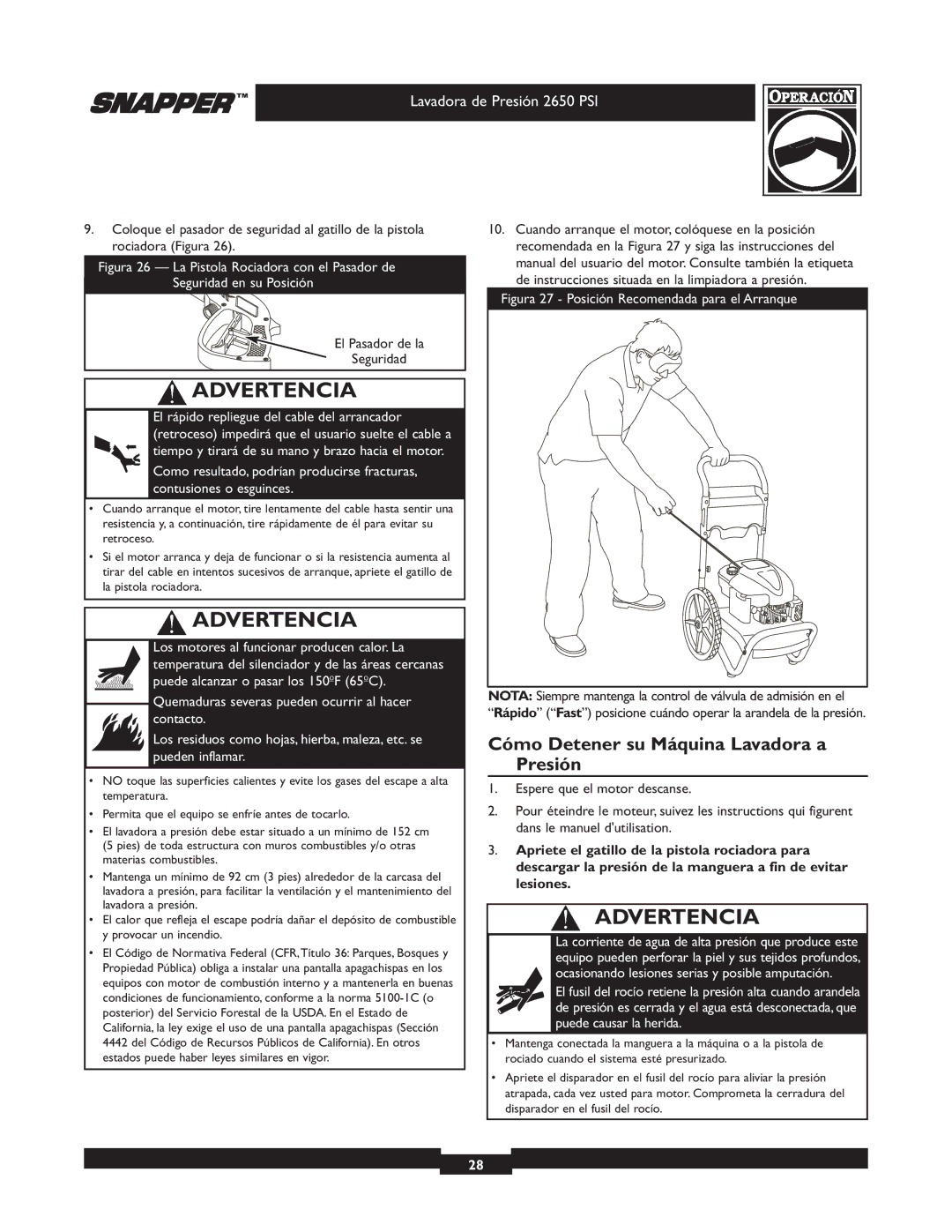 Snapper 020230 user manual Cómo Detener su Máquina Lavadora a Presión, El Pasador de la Seguridad 