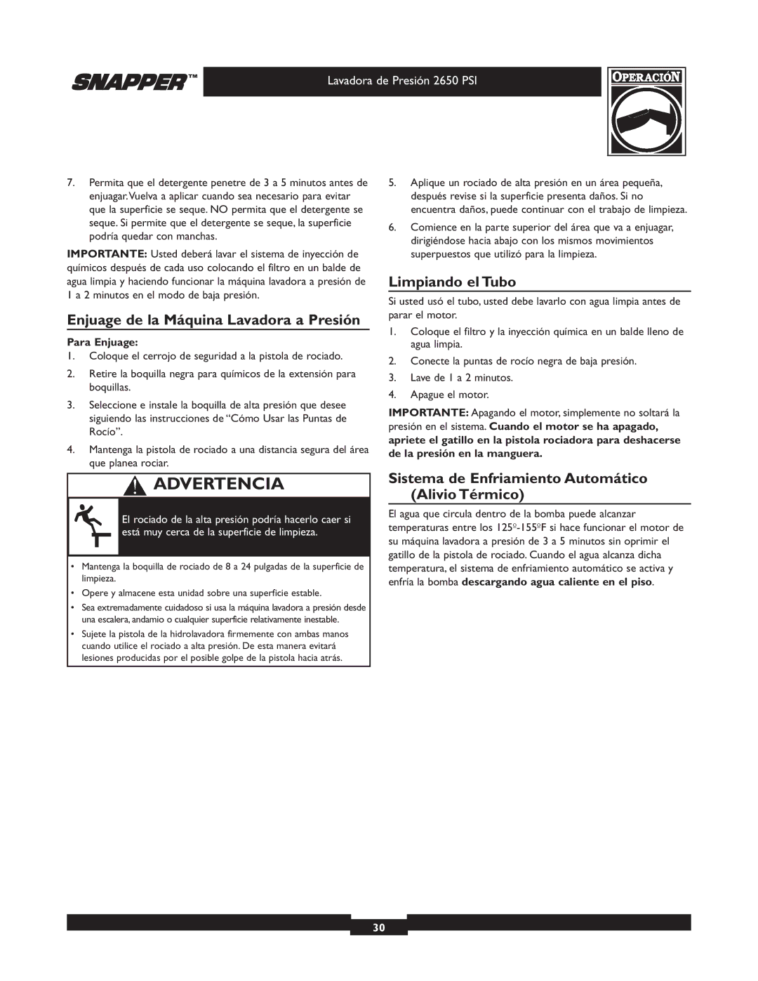 Snapper 020230 user manual Enjuage de la Máquina Lavadora a Presión, Limpiando el Tubo, Para Enjuage 