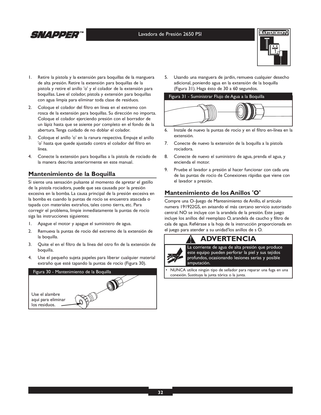 Snapper 020230 user manual Mantenimiento de la Boquilla, Mantenimiento de los Anillos O 