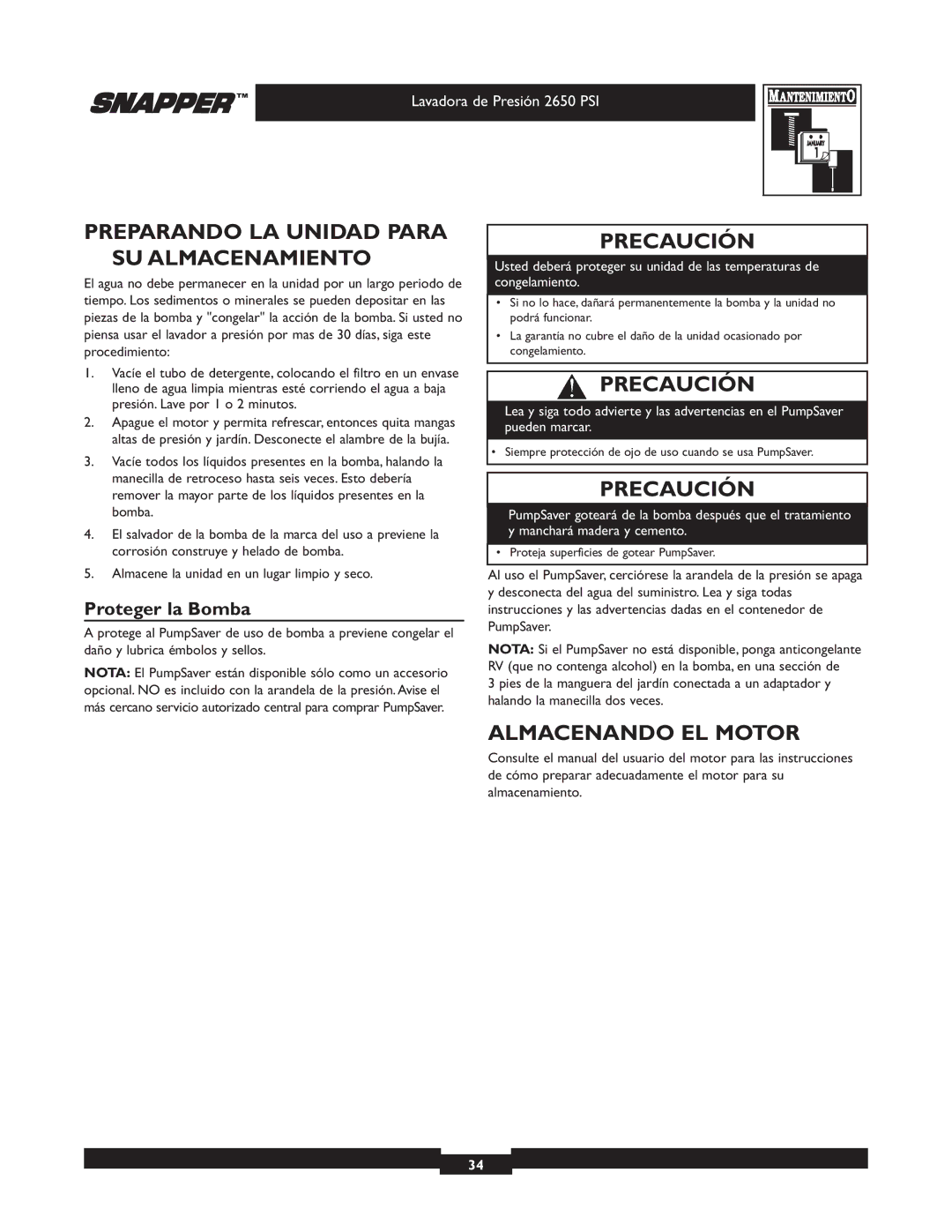 Snapper 020230 user manual Preparando LA Unidad Para SU Almacenamiento, Almacenando EL Motor, Proteger la Bomba 