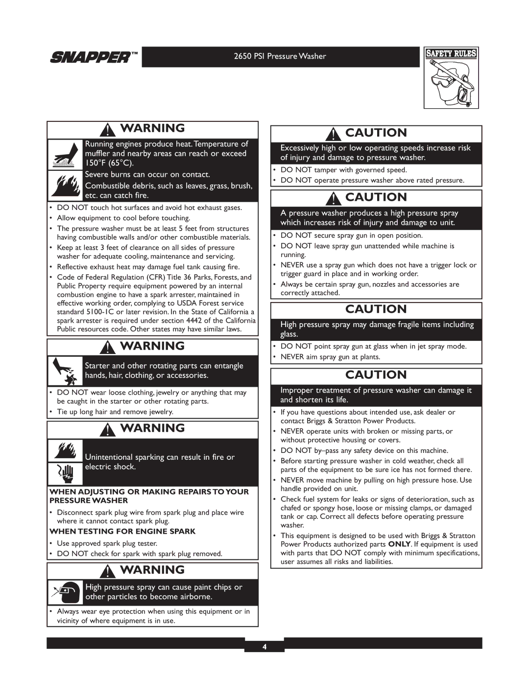 Snapper 020230 user manual Unintentional sparking can result in fire or electric shock 