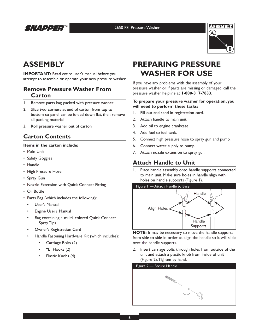 Snapper 020230 user manual Assembly, Preparing Pressure Washer for USE, Remove Pressure Washer From Carton, Carton Contents 