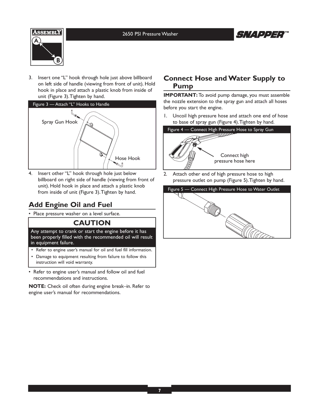 Snapper 020230 user manual Add Engine Oil and Fuel, Connect Hose and Water Supply to Pump 