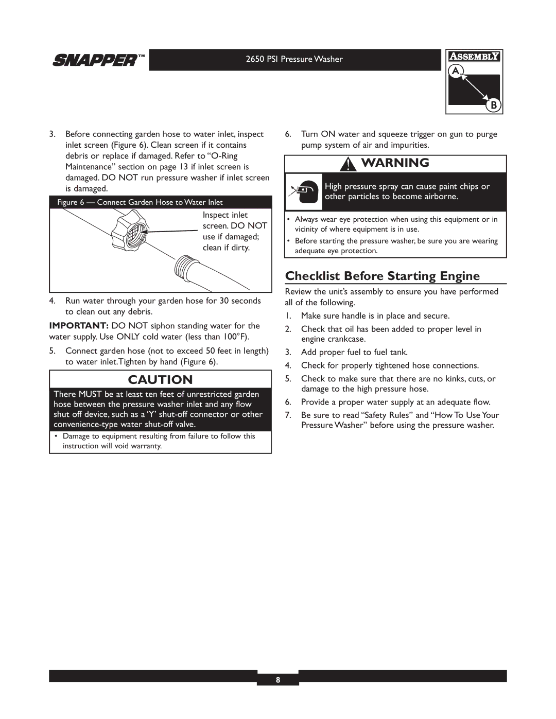 Snapper 020230 user manual Checklist Before Starting Engine, Connect Garden Hose to Water Inlet 