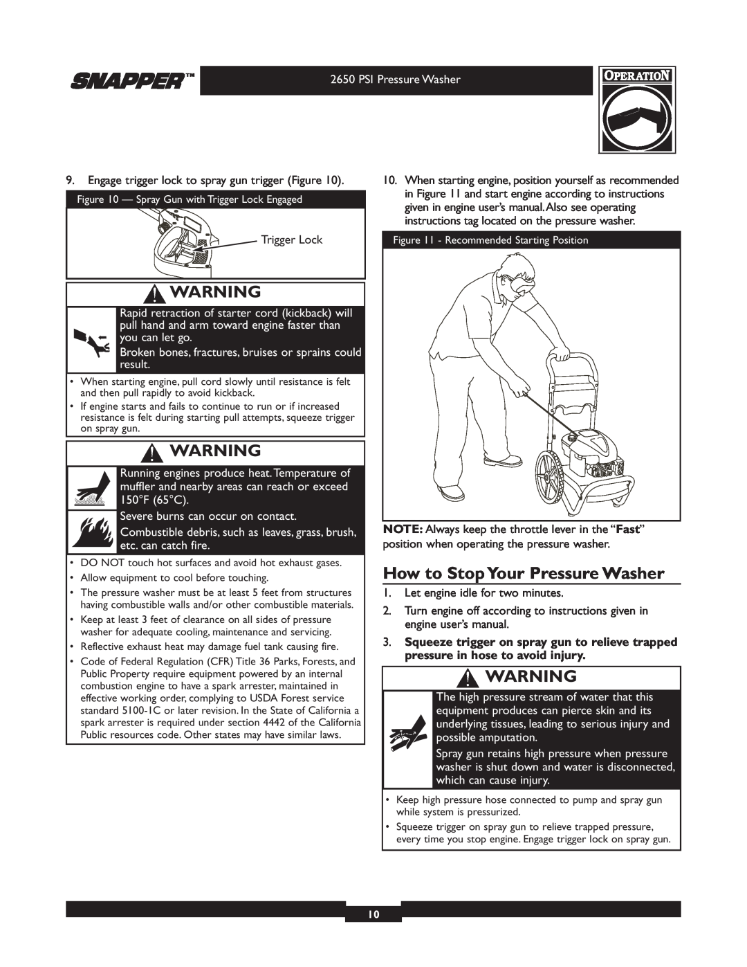 Snapper 020230 user manual How to Stop Your Pressure Washer, Engage trigger lock to spray gun trigger Figure, Trigger Lock 