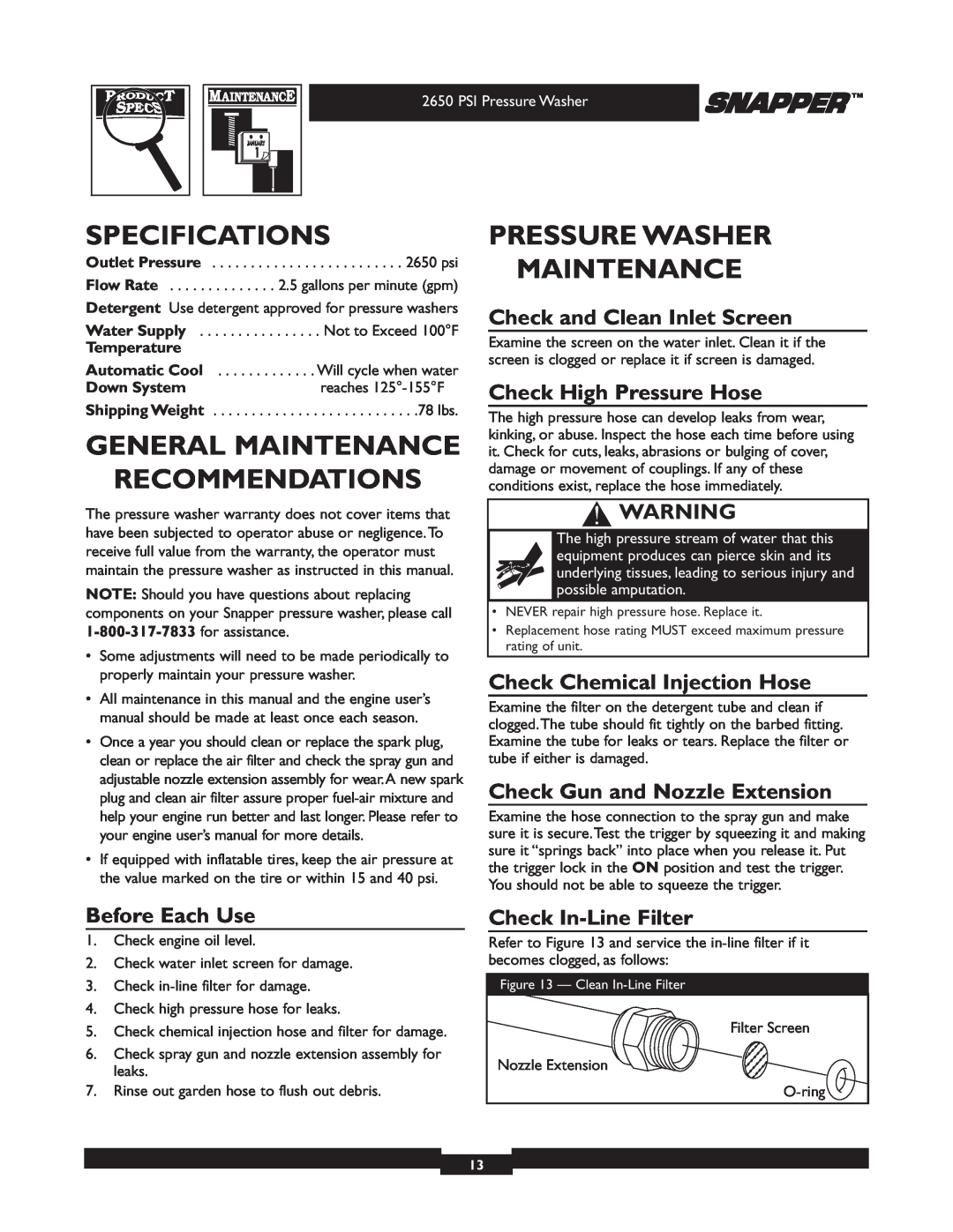 Snapper 020230 Specifications, General Maintenance Recommendations, Pressure Washer Maintenance, Check High Pressure Hose 