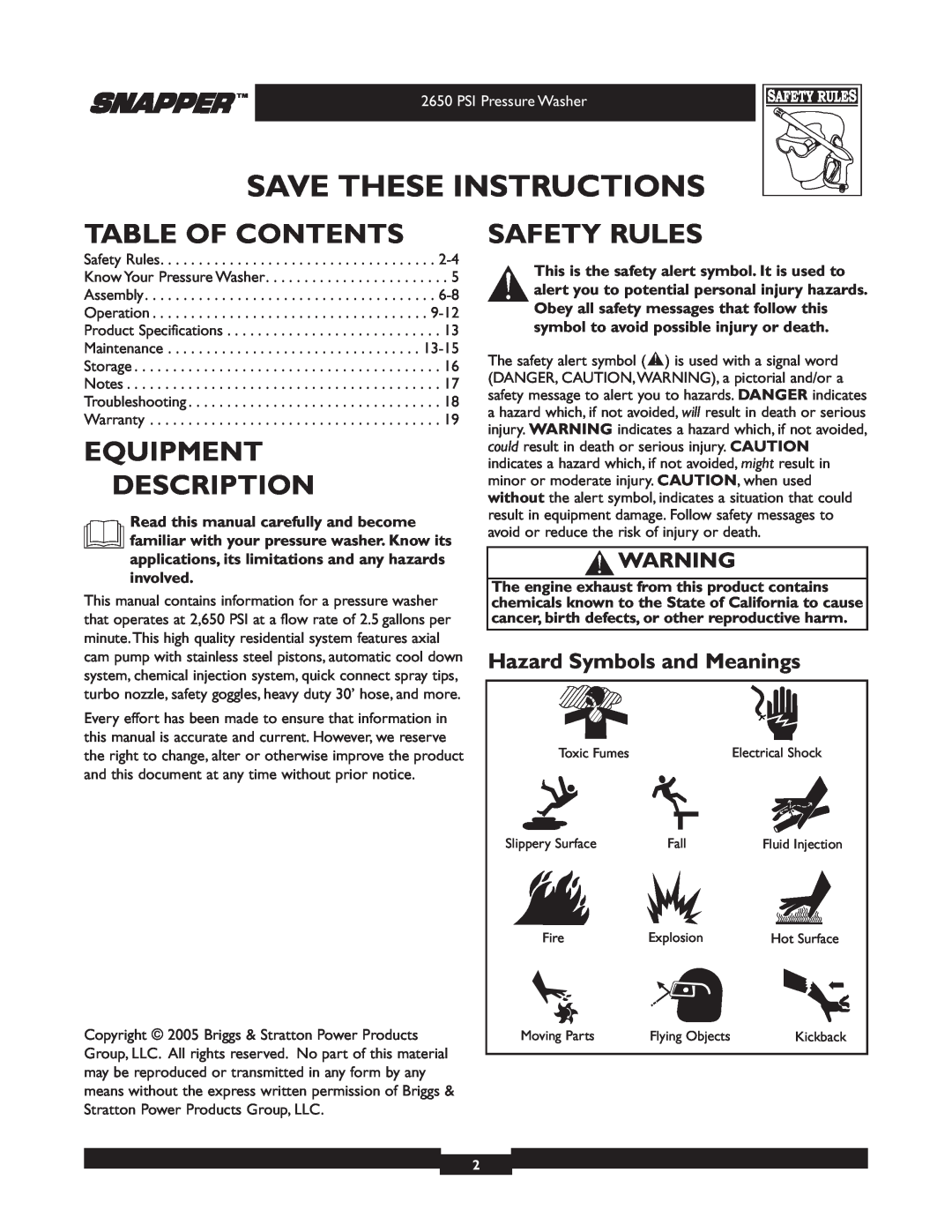 Snapper 020230 user manual Table Of Contents, Equipment Description, Safety Rules, Hazard Symbols and Meanings 
