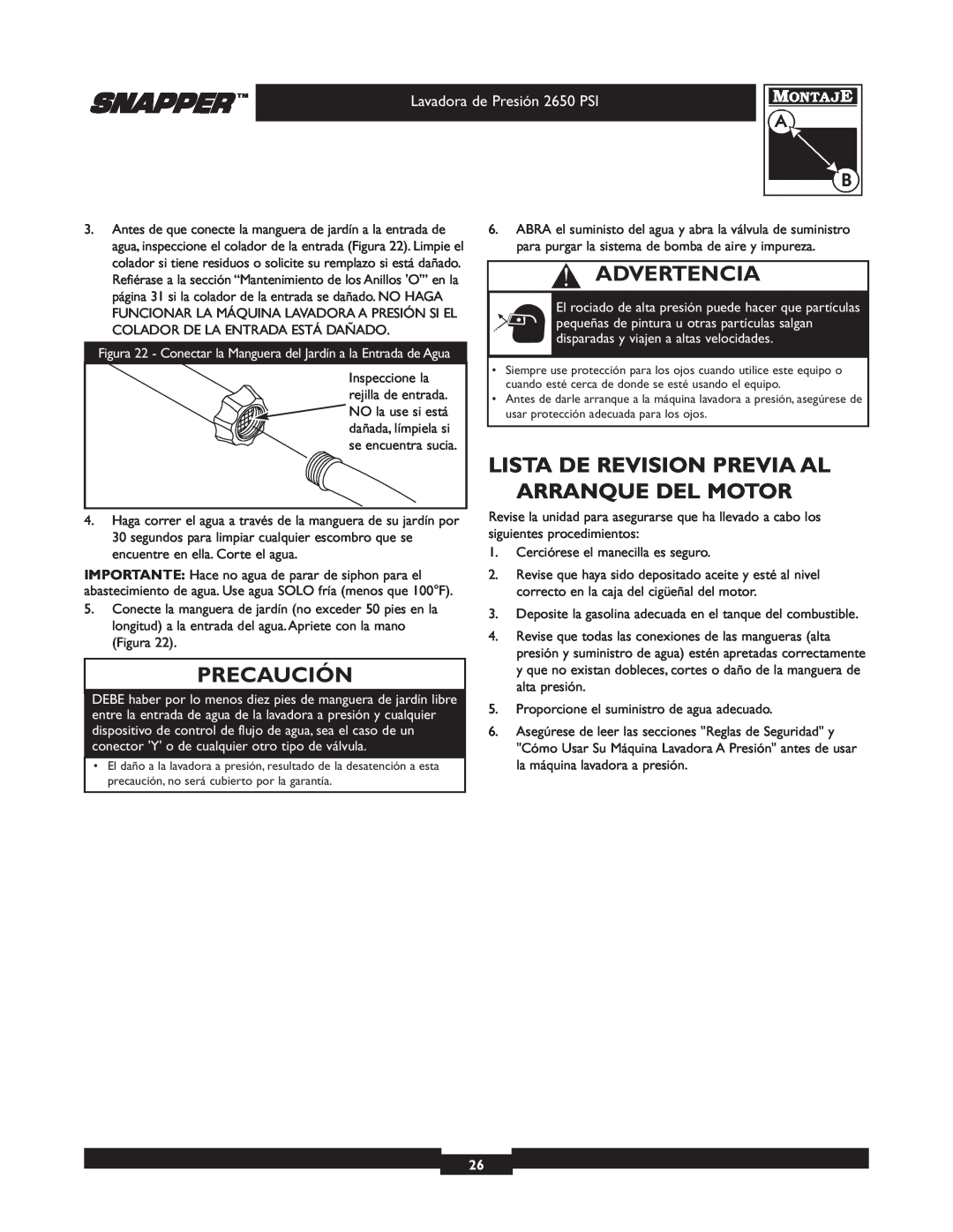 Snapper 020230 user manual Lista De Revision Previa Al Arranque Del Motor, Precaución, Advertencia 