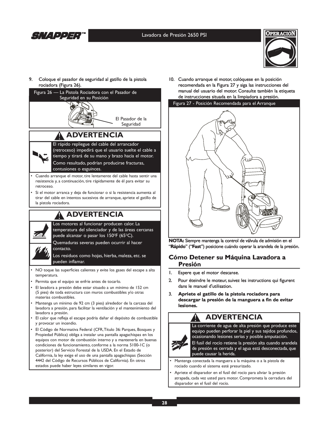 Snapper 020230 user manual Cómo Detener su Máquina Lavadora a Presión, Advertencia 