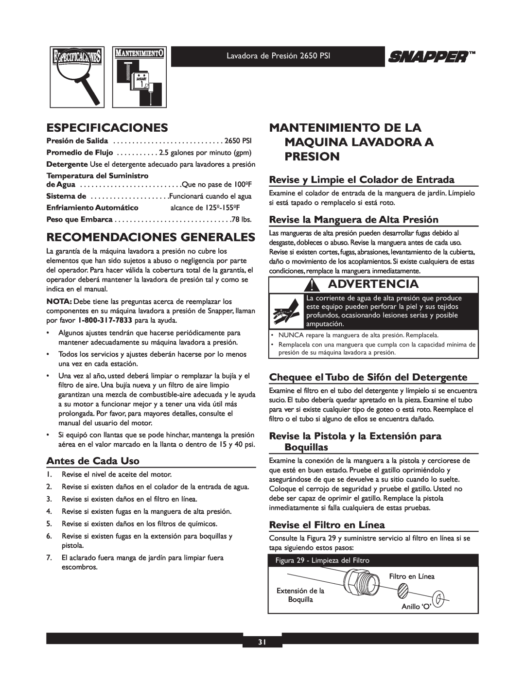 Snapper 020230 Especificaciones, Recomendaciones Generales, Mantenimiento De La Maquina Lavadora A Presion, Advertencia 