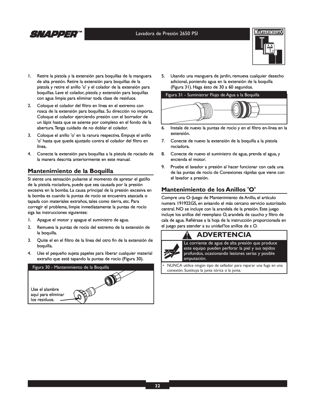 Snapper 020230 user manual Mantenimiento de la Boquilla, Mantenimiento de los Anillos O, Advertencia 