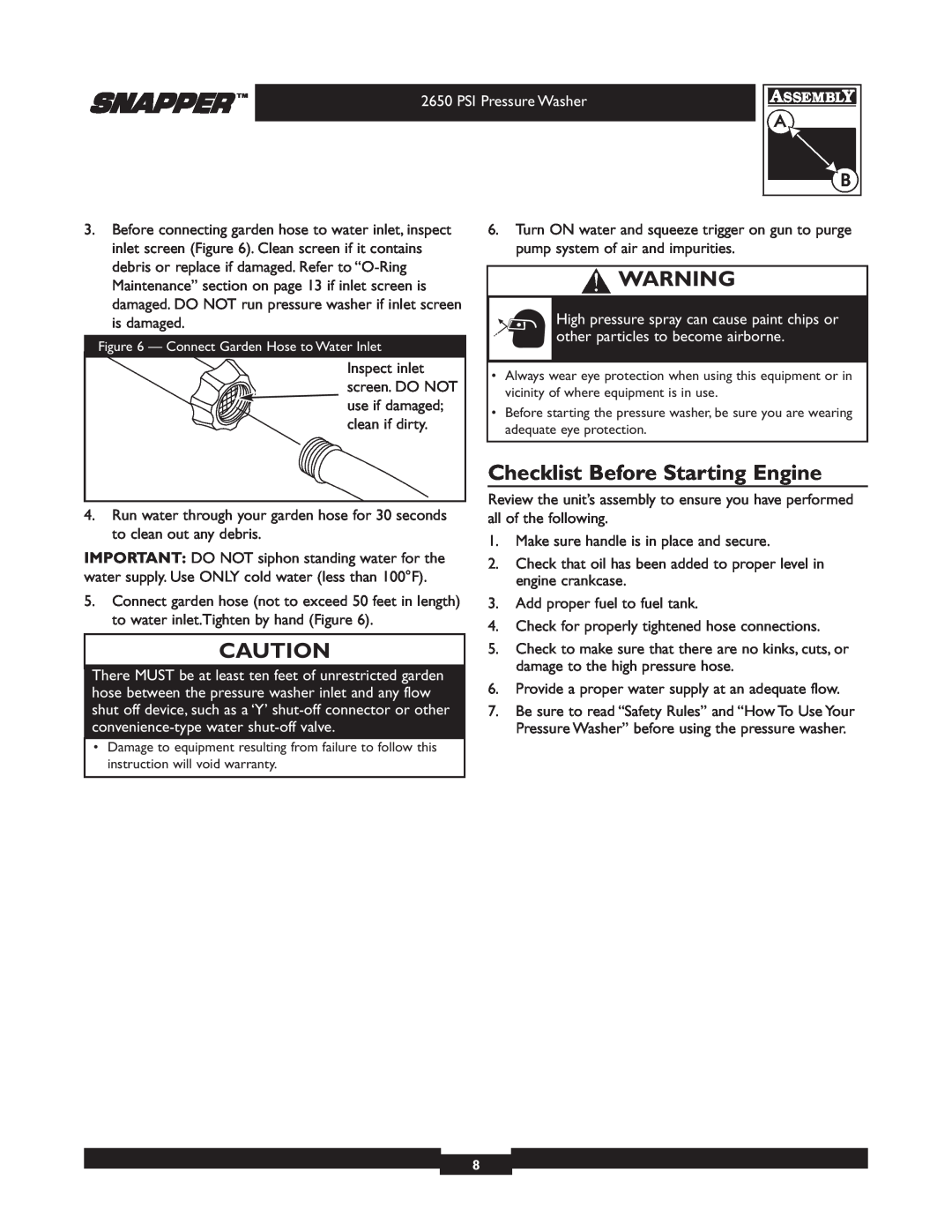Snapper 020230 user manual Checklist Before Starting Engine 