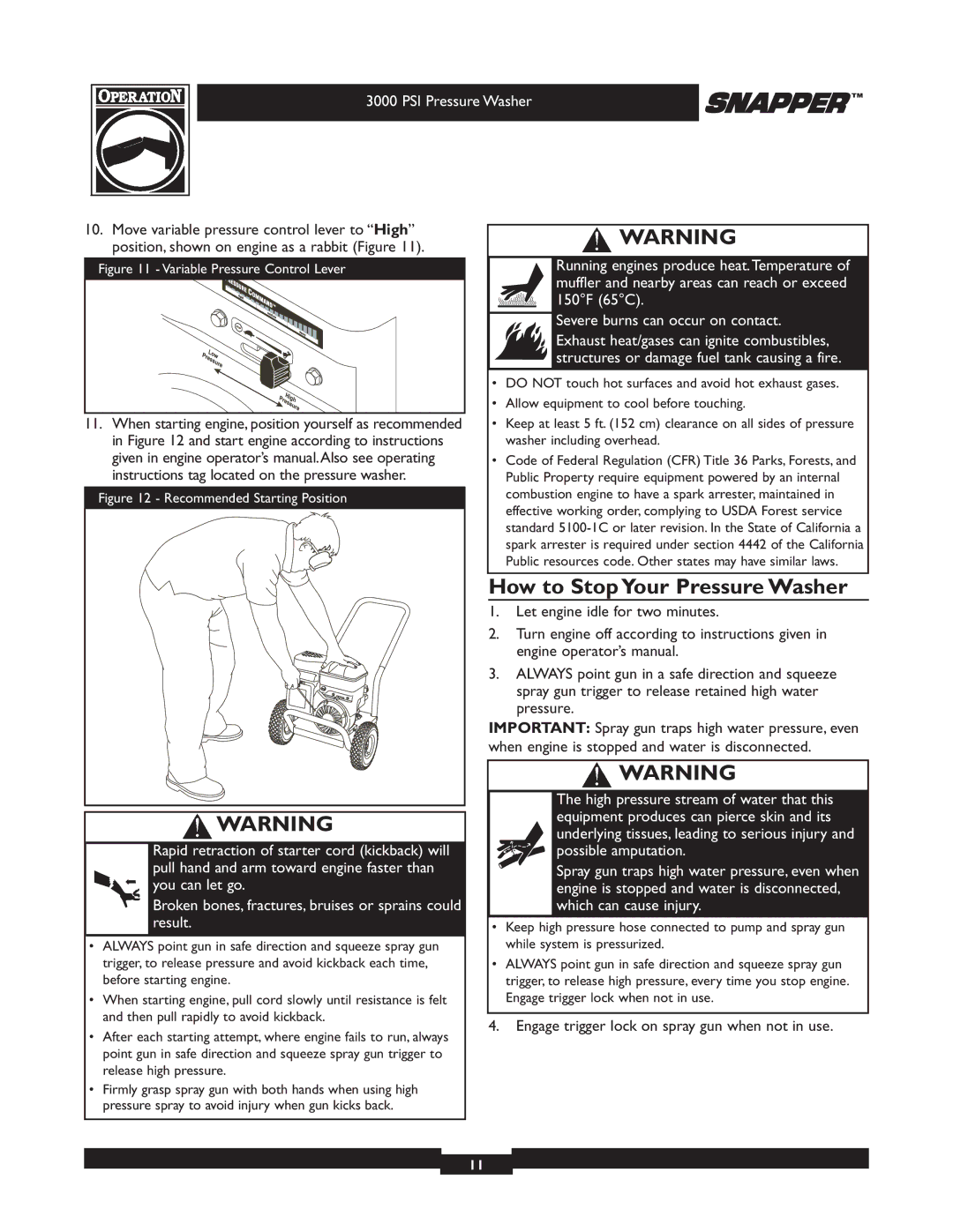 Snapper 020231-2 manual How to Stop Your Pressure Washer, Variable Pressure Control Lever 