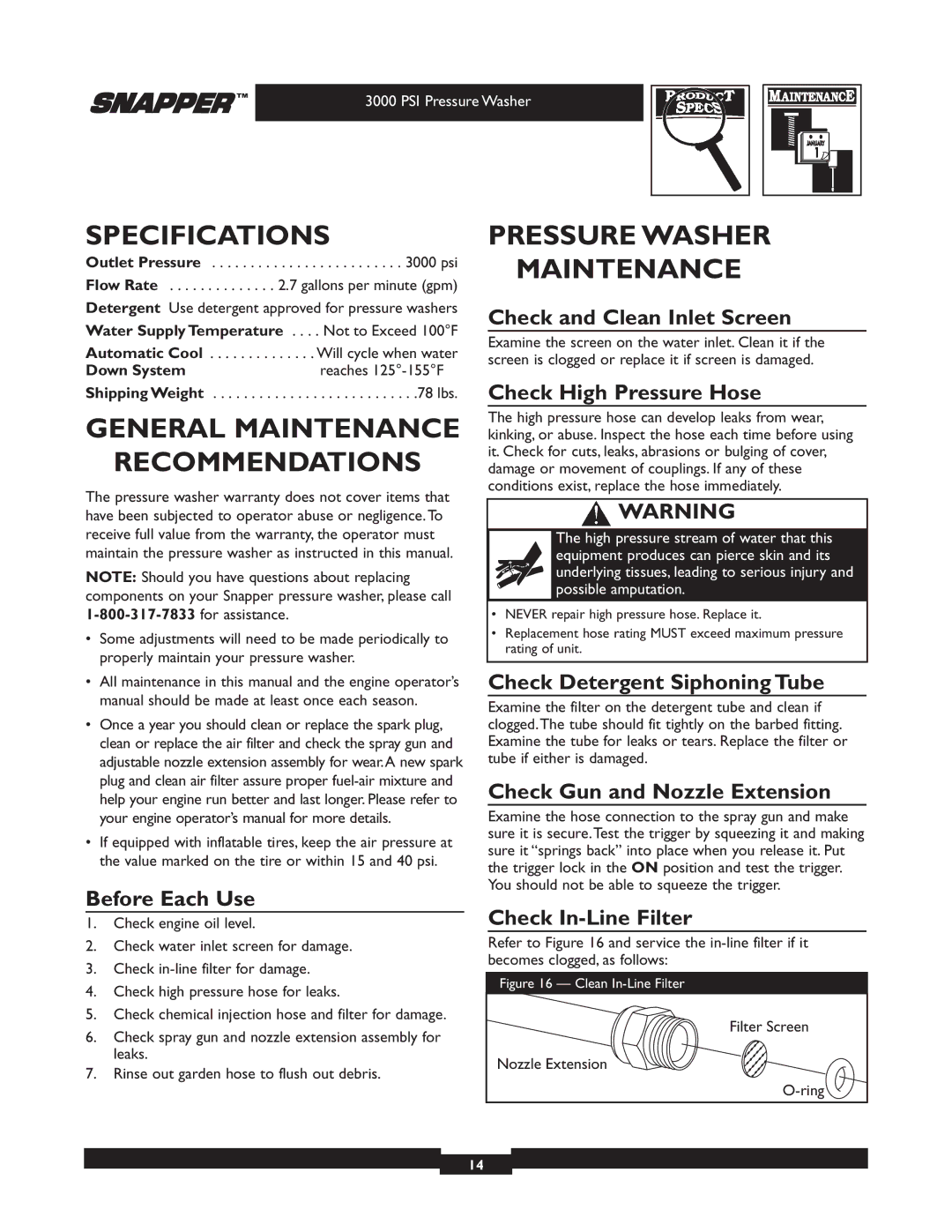 Snapper 020231-2 manual Specifications, General Maintenance Recommendations, Pressure Washer Maintenance 