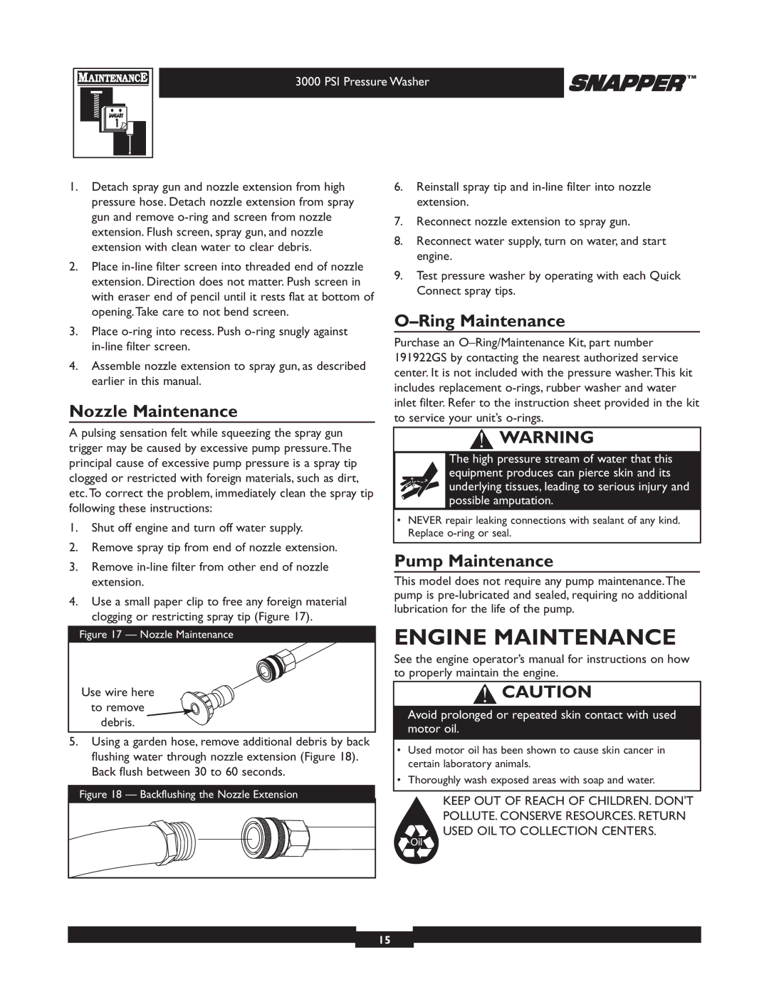 Snapper 020231-2 manual Engine Maintenance, Nozzle Maintenance, Ring Maintenance, Pump Maintenance 