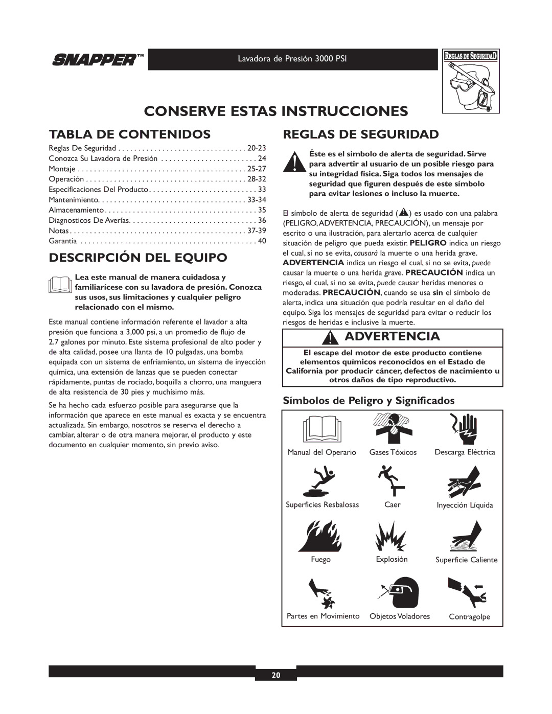 Snapper 020231-2 manual Tabla DE Contenidos, Descripción DEL Equipo, Reglas DE Seguridad, Advertencia 