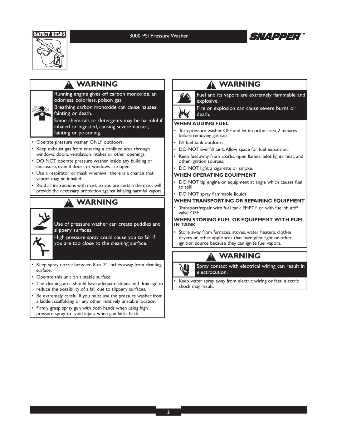 Snapper 020231-2 manual Operate pressure washer only outdoors, When Adding Fuel 