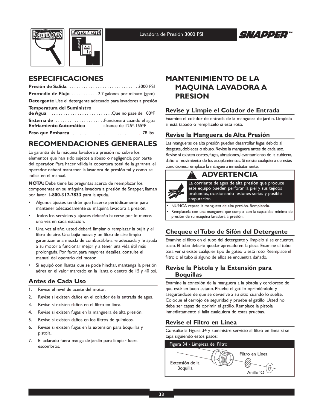 Snapper 020231-2 manual Especificaciones, Recomendaciones Generales, Mantenimiento DE LA Maquina Lavadora a Presion 