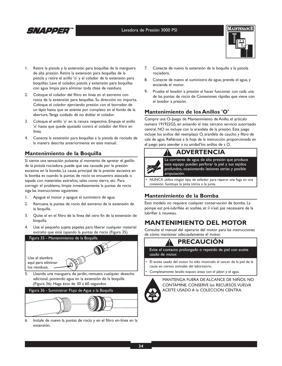 Snapper 020231-2 manual Mantenimiento DEL Motor, Mantenimiento de la Boquilla, Mantenimiento de los Anillos O 