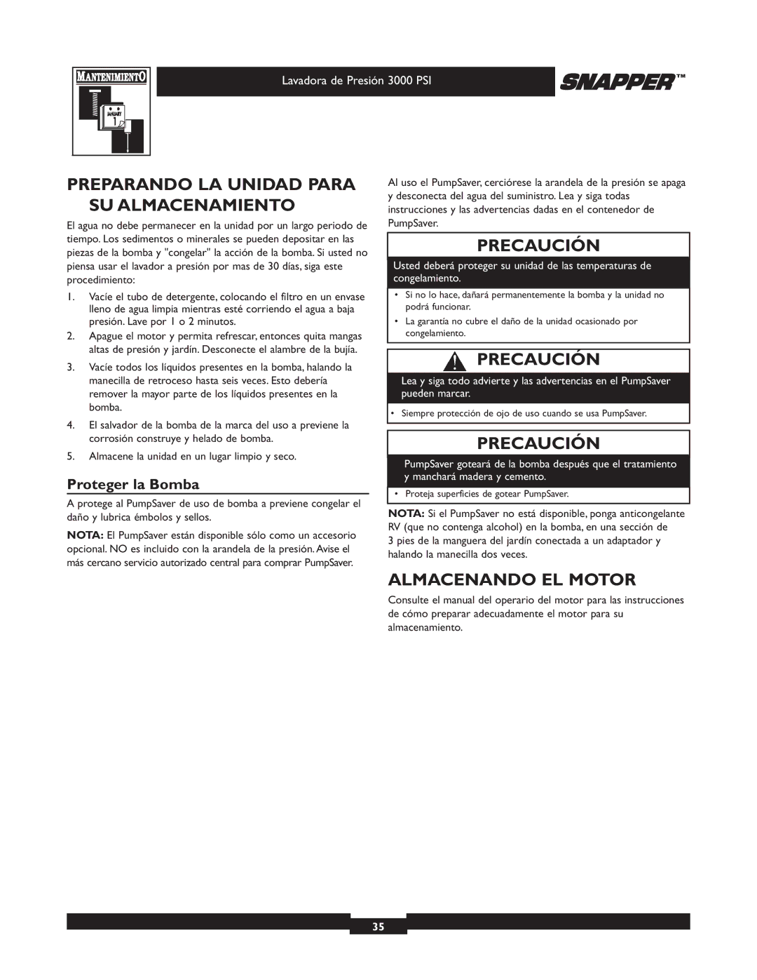 Snapper 020231-2 manual Preparando LA Unidad Para SU Almacenamiento, Almacenando EL Motor, Proteger la Bomba 