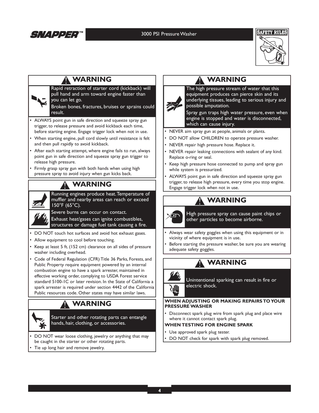 Snapper 020231-2 manual Unintentional sparking can result in fire or electric shock 