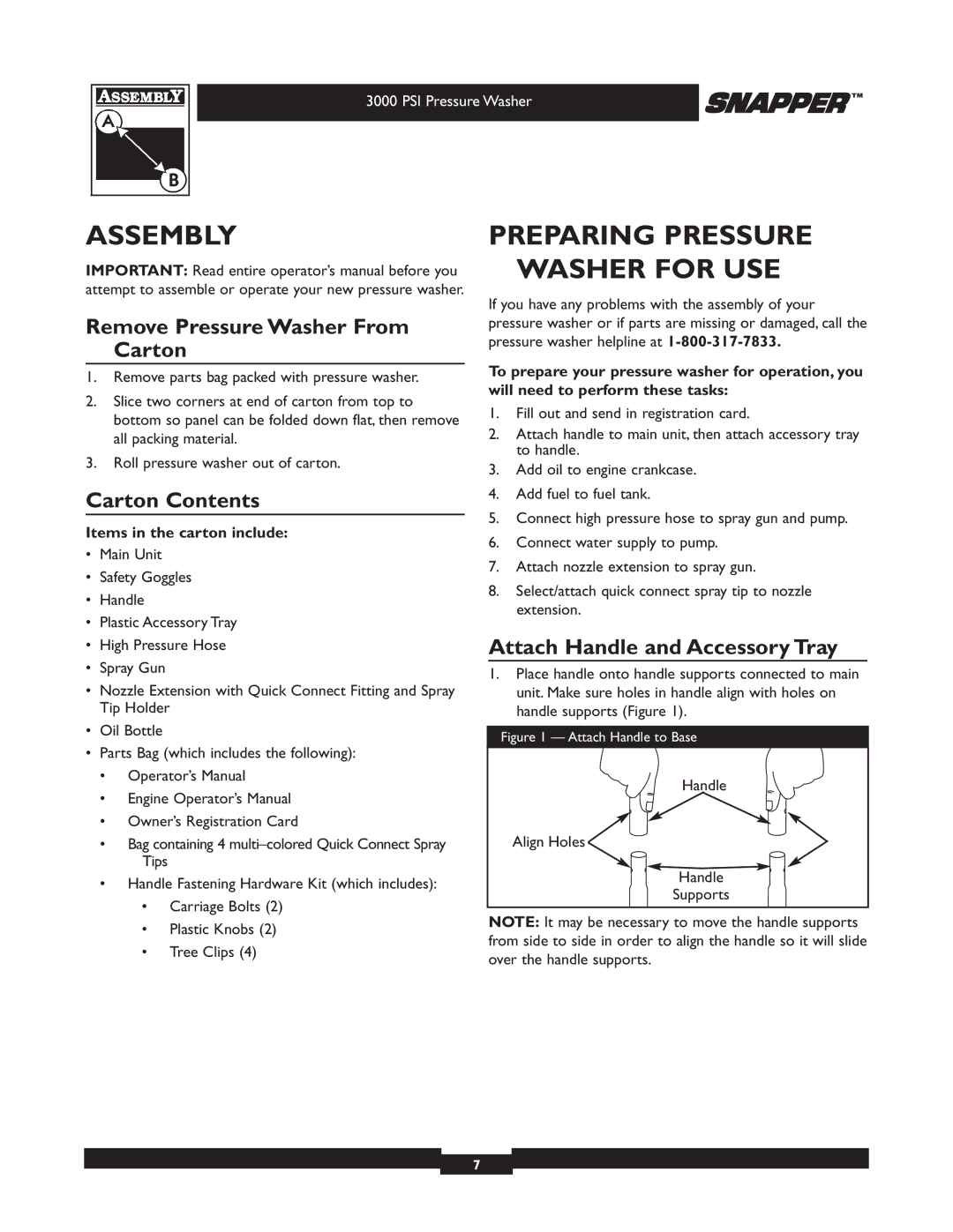 Snapper 020231-2 manual Assembly, Preparing Pressure Washer for USE, Remove Pressure Washer From Carton, Carton Contents 