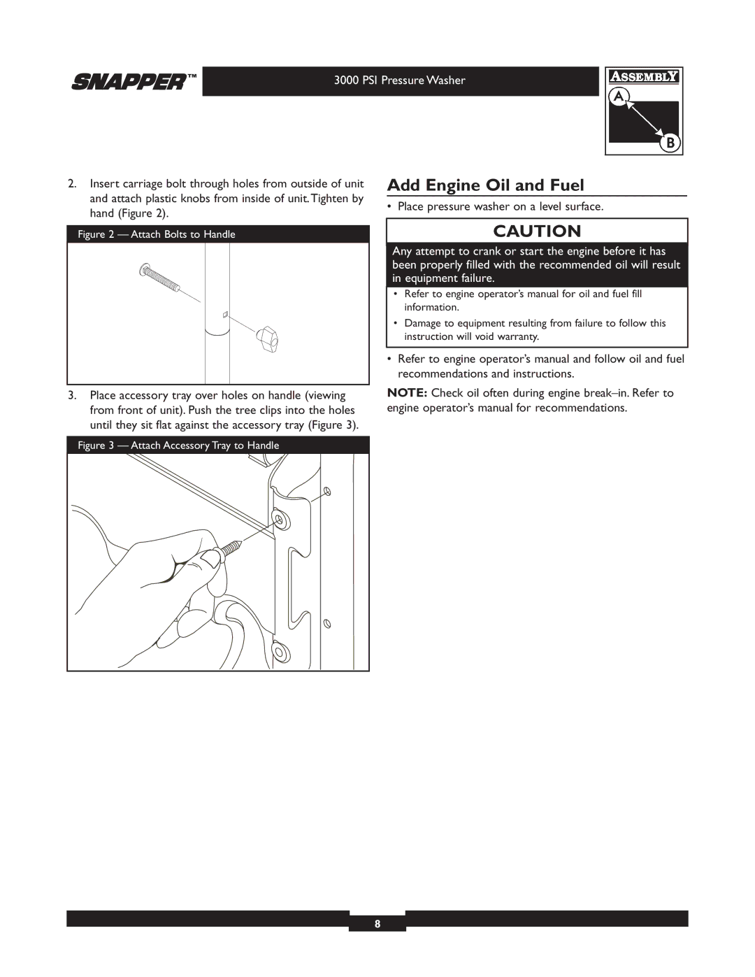 Snapper 020231-2 manual Add Engine Oil and Fuel, Place pressure washer on a level surface 